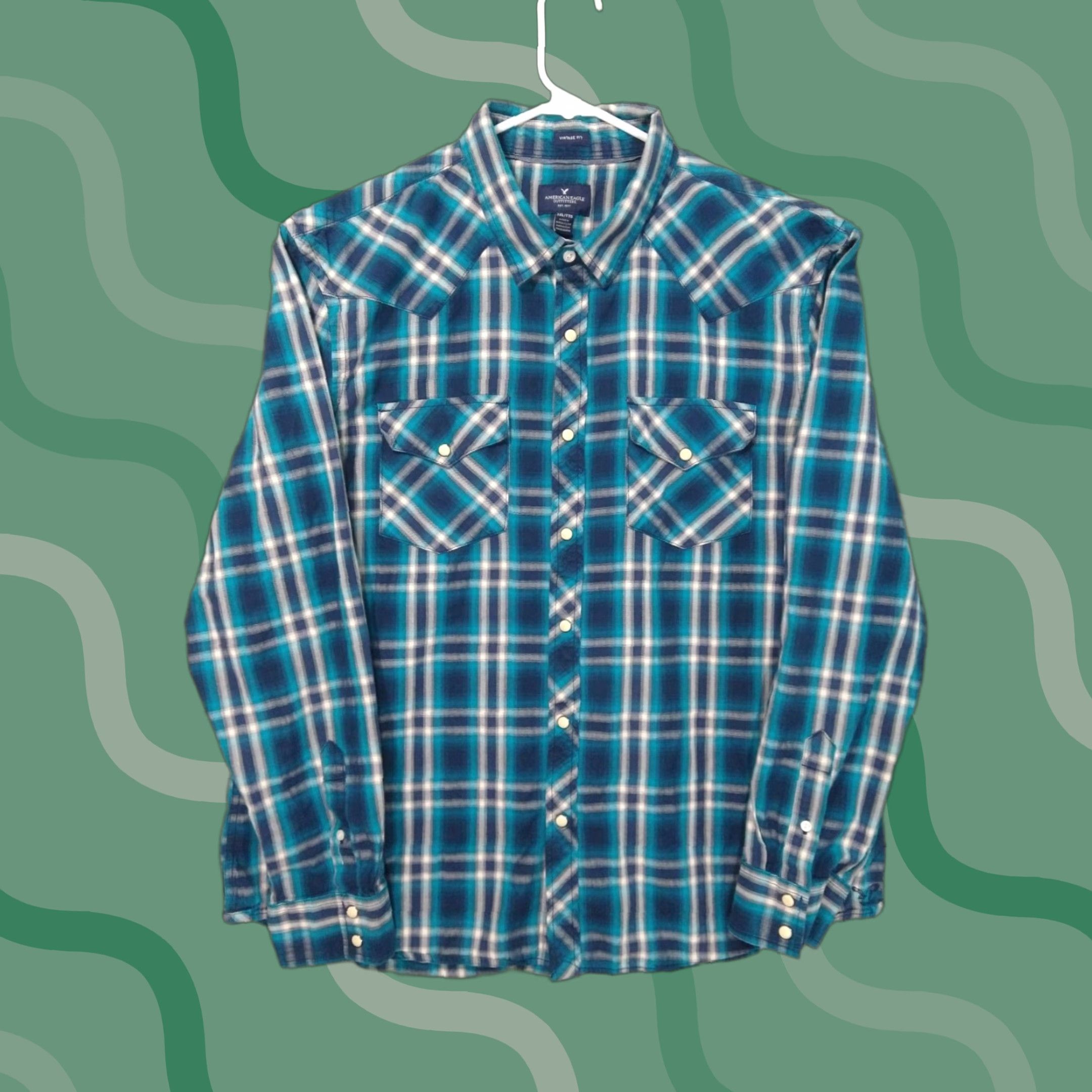 Vintage American Eagle Shirt Mens 2XL Blue Plaid Vintage Fit Pearl Snap Long Sleeve Button-Up Cowboys Western Casual Travel 50 in Chest Mens Size US XXL / EU 58 / 5 - 1 Thumbnail