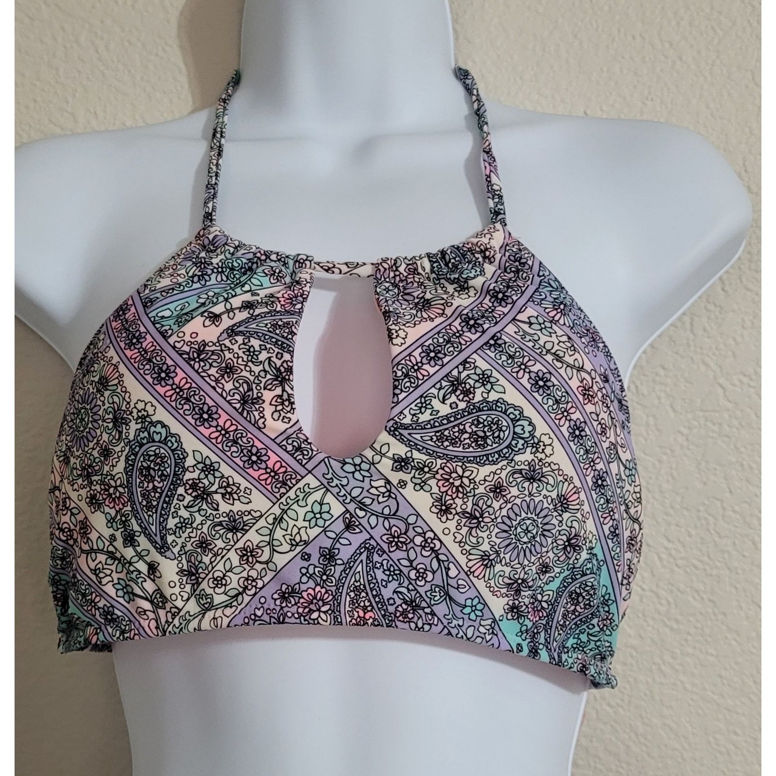 Pink Purple Blue Paisley Halter Bikini Top L Removable Pads, Women's