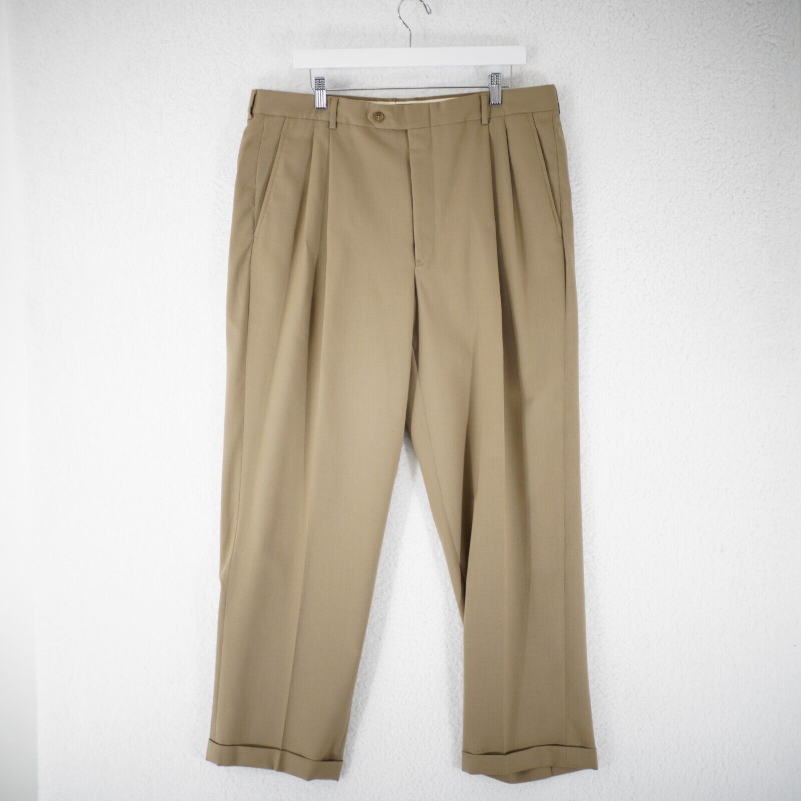 Pierre Cardin Pierre Cardin Tan Pleated Cuffed High Rise Wool Dress Pants Size 38R - 1 Thumbnail