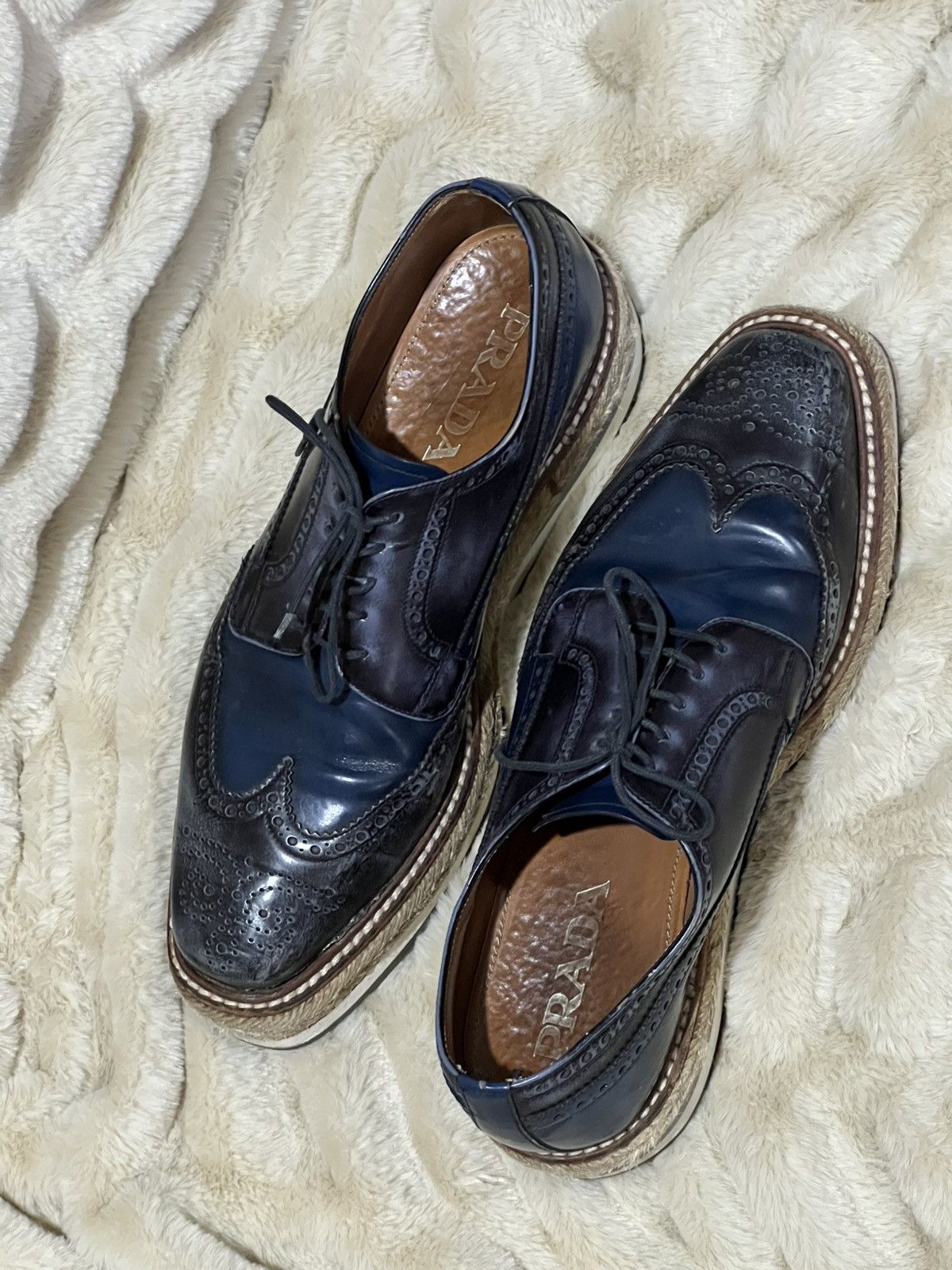 Prada Prada Men's Shoes Brogue Leather Navy Blue Wingtip Oxford Size US 6.5 / EU 39-40 - 3 Thumbnail
