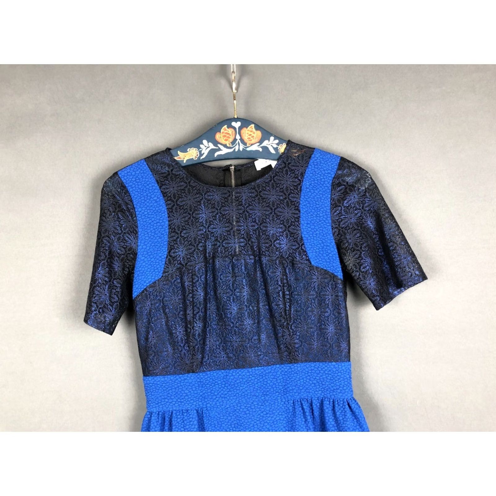 Sandro Sandro Women's Short Sleeve Mini Dress Size 1 Blue & Black Lace Panel Spandex Size 25" / US 0 / IT 36 - 4 Thumbnail