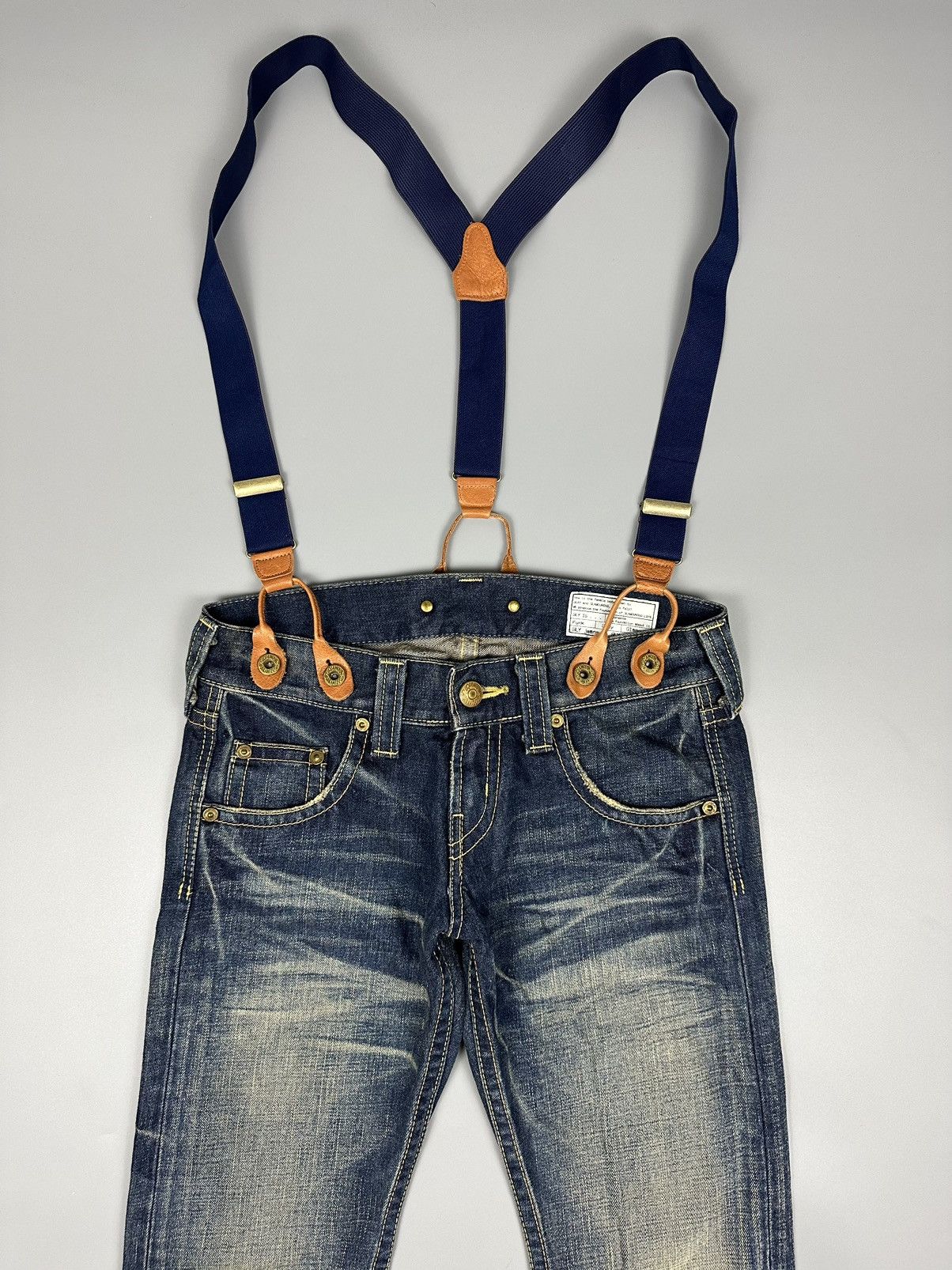 If Six Was Nine × Le Grande Bleu (L.G.B.) 🔥Flared🔥 SLY Glamour Jeans With Suspenders Leather Denim Size US 32 / EU 48 - 3 Thumbnail