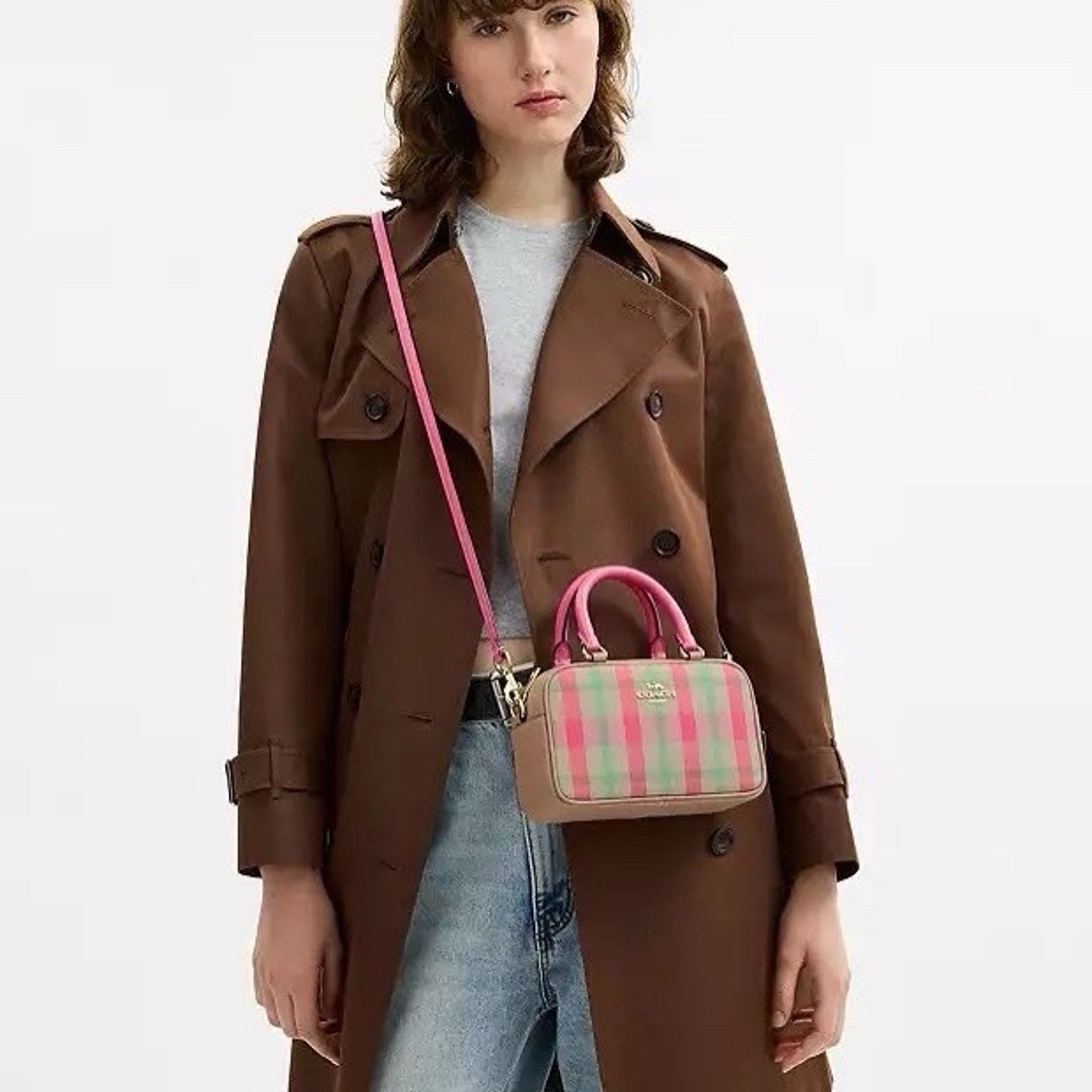 Coach NWT COACH Satchel Crossbody Bag With Plaid Gold/Pink cbi90 Size ONE SIZE - 4 Thumbnail