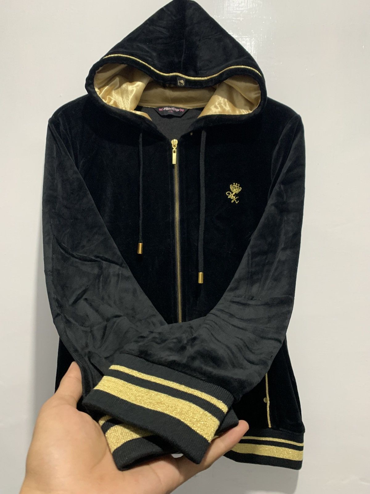 Beauty Beast Hello Kitty Velvet Elegant Black Gold Hoodie Zip Jacket Size L / US 10 / IT 46 - 4 Thumbnail