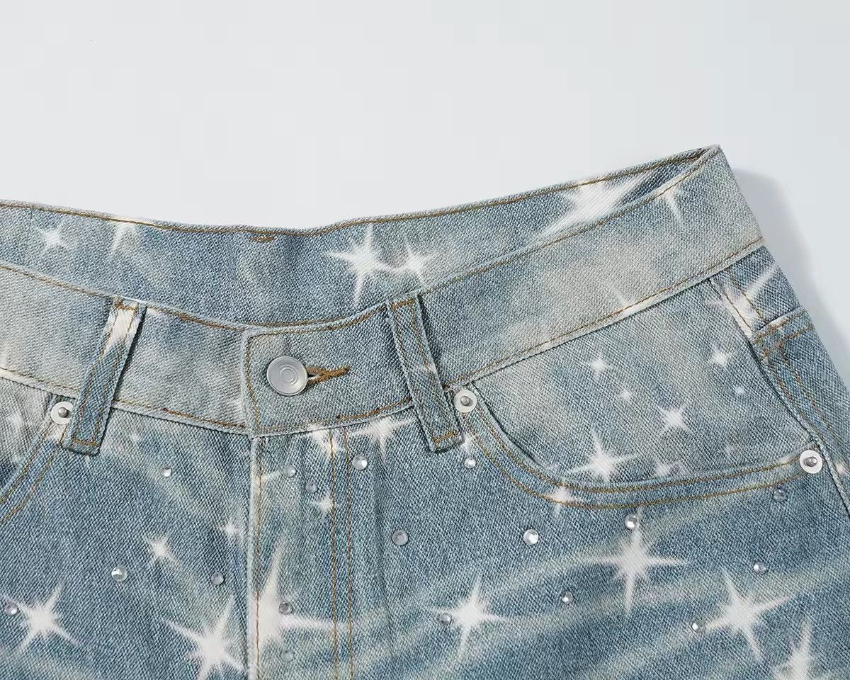 Designer Stars Rhinestone Washed Baggy Printed Jeans Size US 35 - 4 Thumbnail