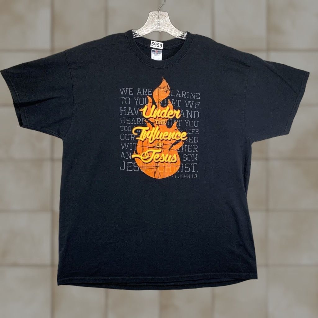Jerzees VINTAGE Christian T-Shirt Men’s 2XL Crew Neck Short Sleeve Black Faith John 1:3 Graphic Print Unisex All Seasons Size US XXL / EU 58 / 5 - 1 Thumbnail