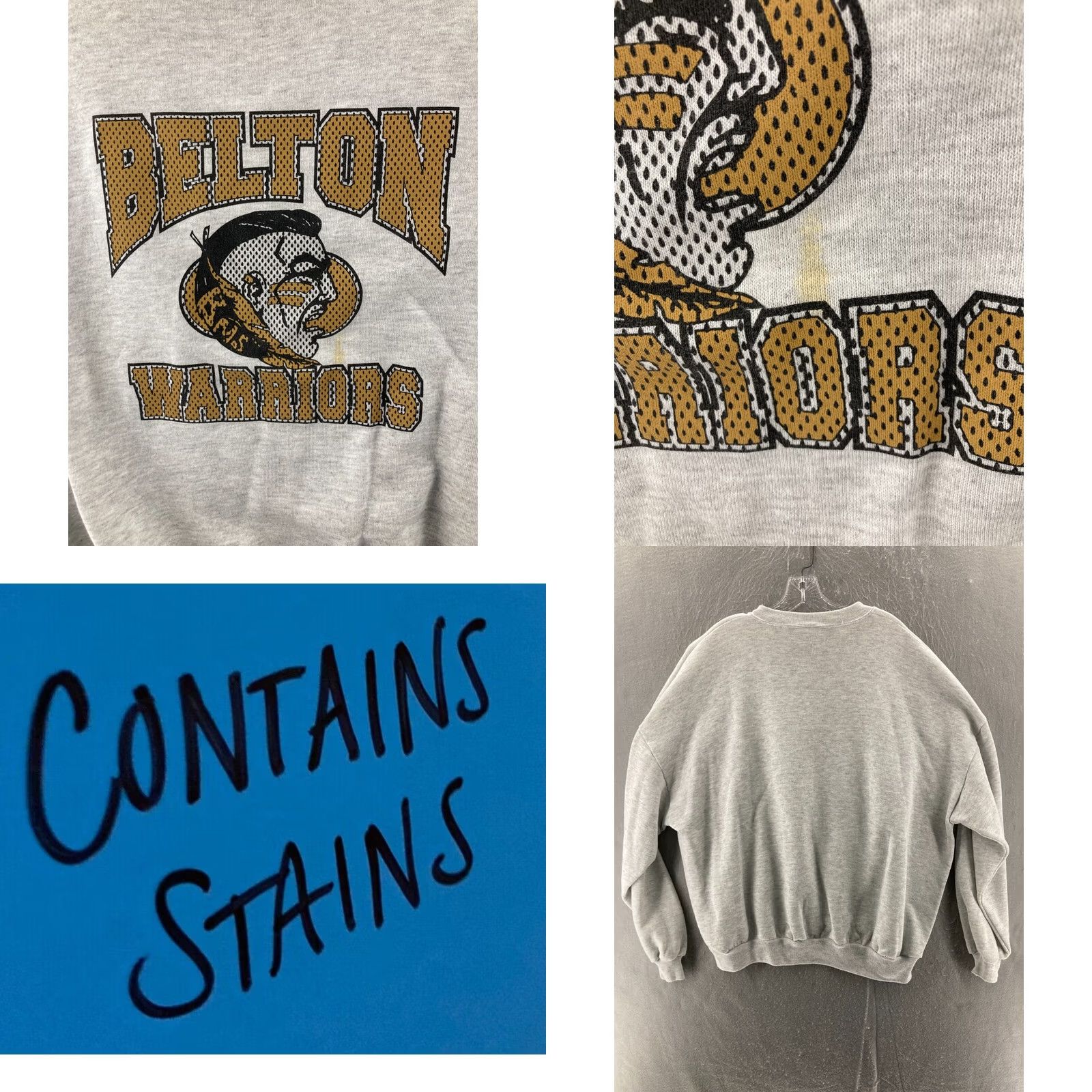 Jerzees VINTAGE Belton Warriors Sweater Jerzees Mens 3x USA Made Cotton Blend Fleece Crew Neck White 90s Warrior Mens Size US XXL / EU 58 / 5 - 8 Thumbnail