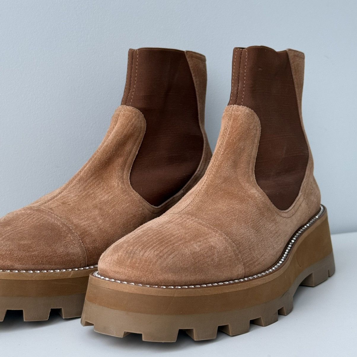 Jimmy Choo Jimmy Choo Suede Boots Caramel Crystal Platform Chelsea Size US 11 / IT 41 - 4 Thumbnail