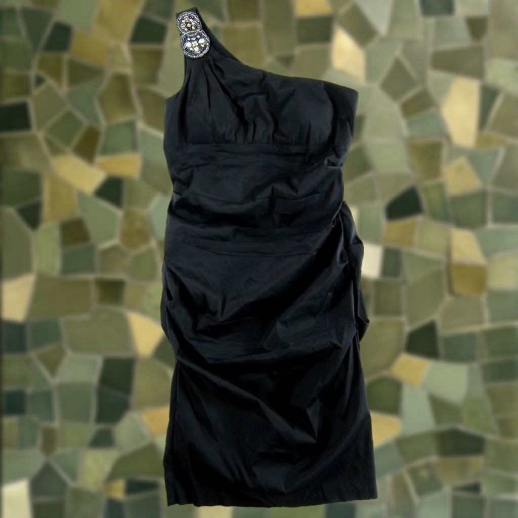 XSCAPE Joanna Chen Black Satin Stretch Diamond One Shoulder Party Prom Dress 14