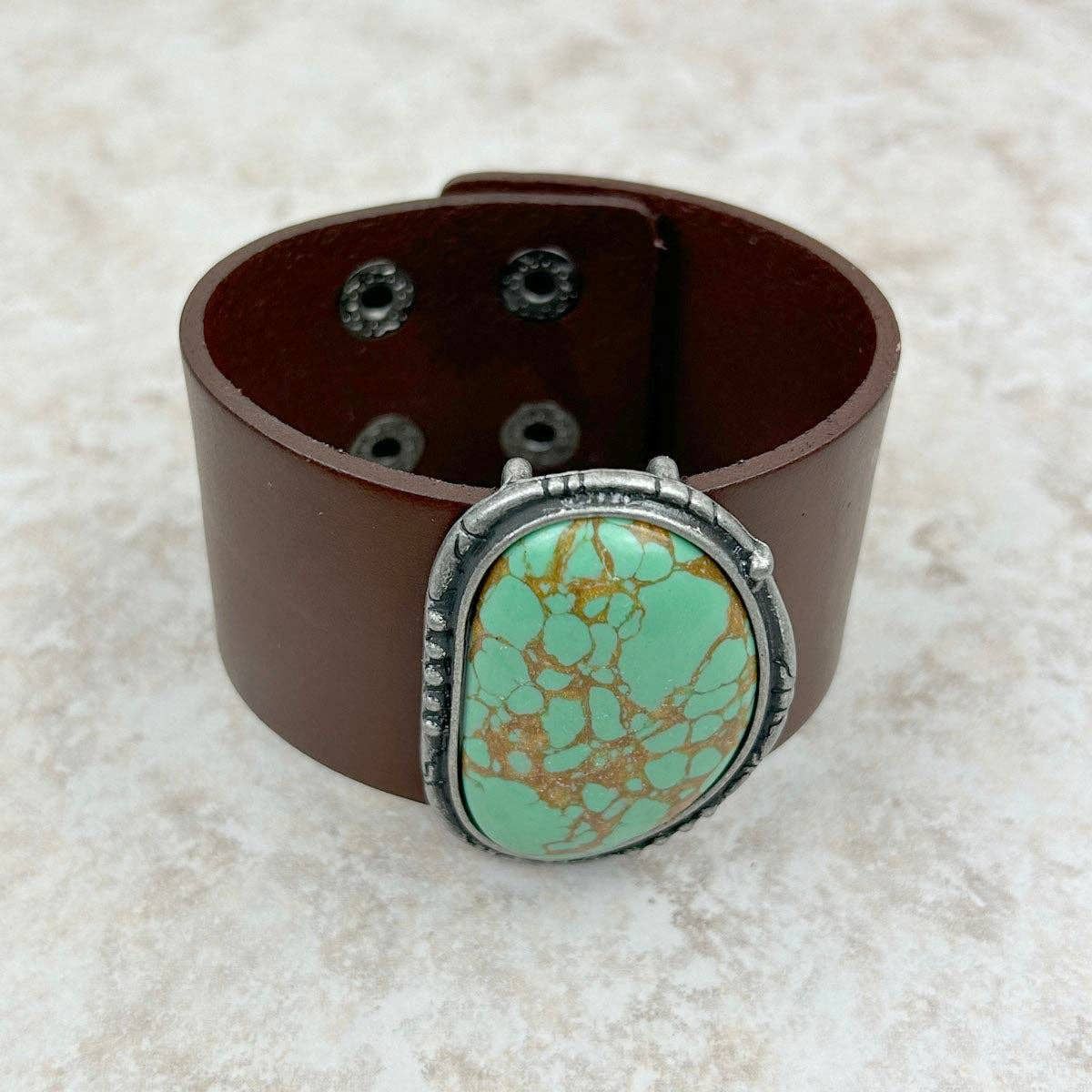 Other Natural Green Stone Dark Brown Leather Cuff Bracelet, Leathe Size ONE SIZE - 4 Thumbnail