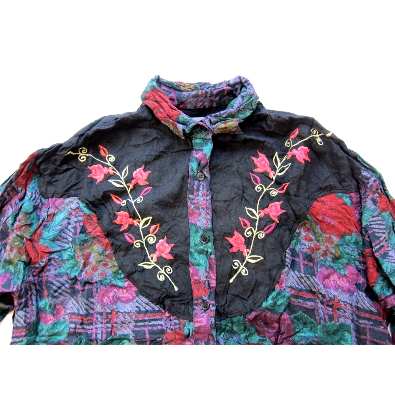 SOREL Vtg Sorrel International Floral Plaid Rayon Collar Button Up Blouse Woman Large Size L / US 10 / IT 46 - 4 Thumbnail