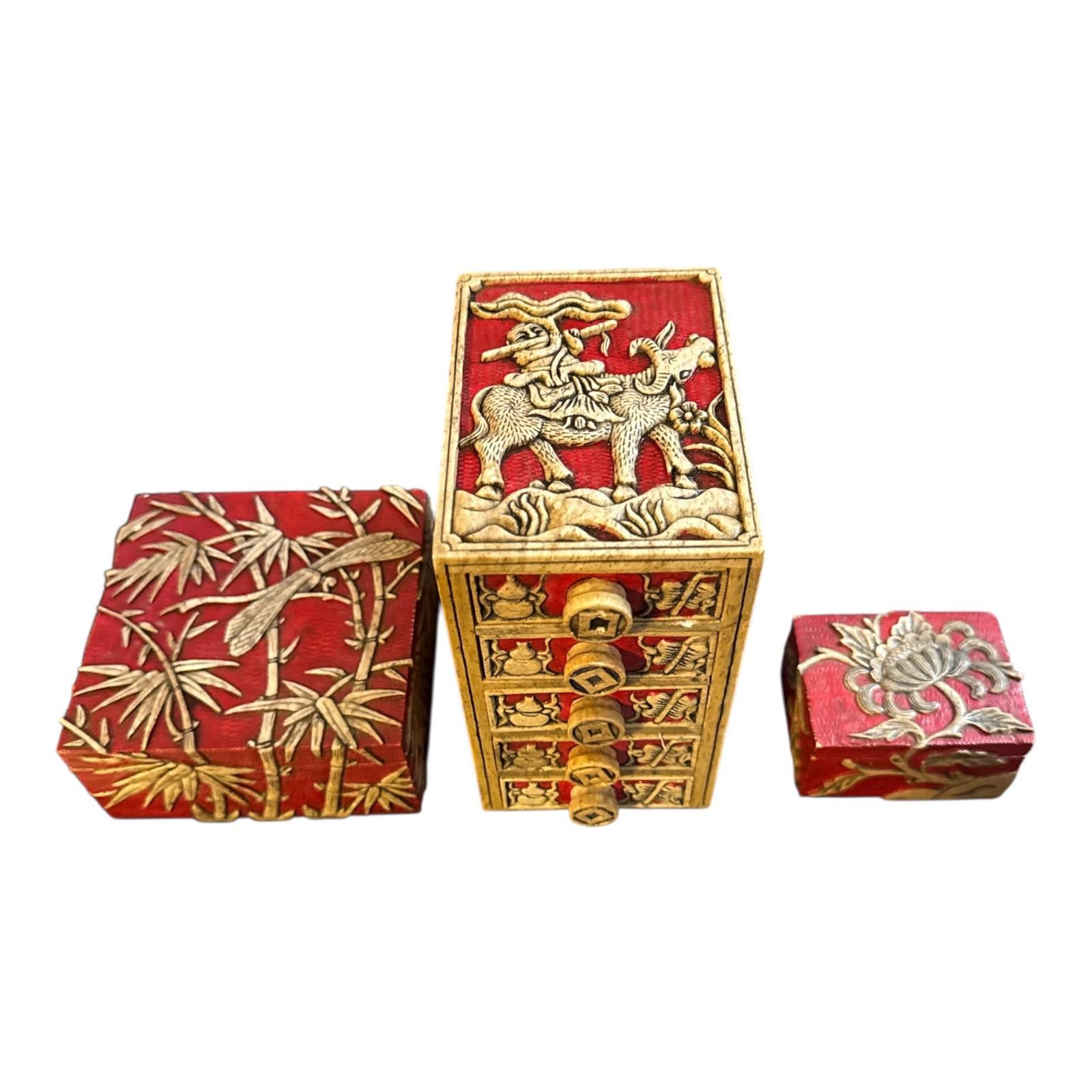 2120 Handcrafted 3 Vintage Asian-Inspired Red and Gold Decorative Stone Boxes Size ONE SIZE - 2 Thumbnail