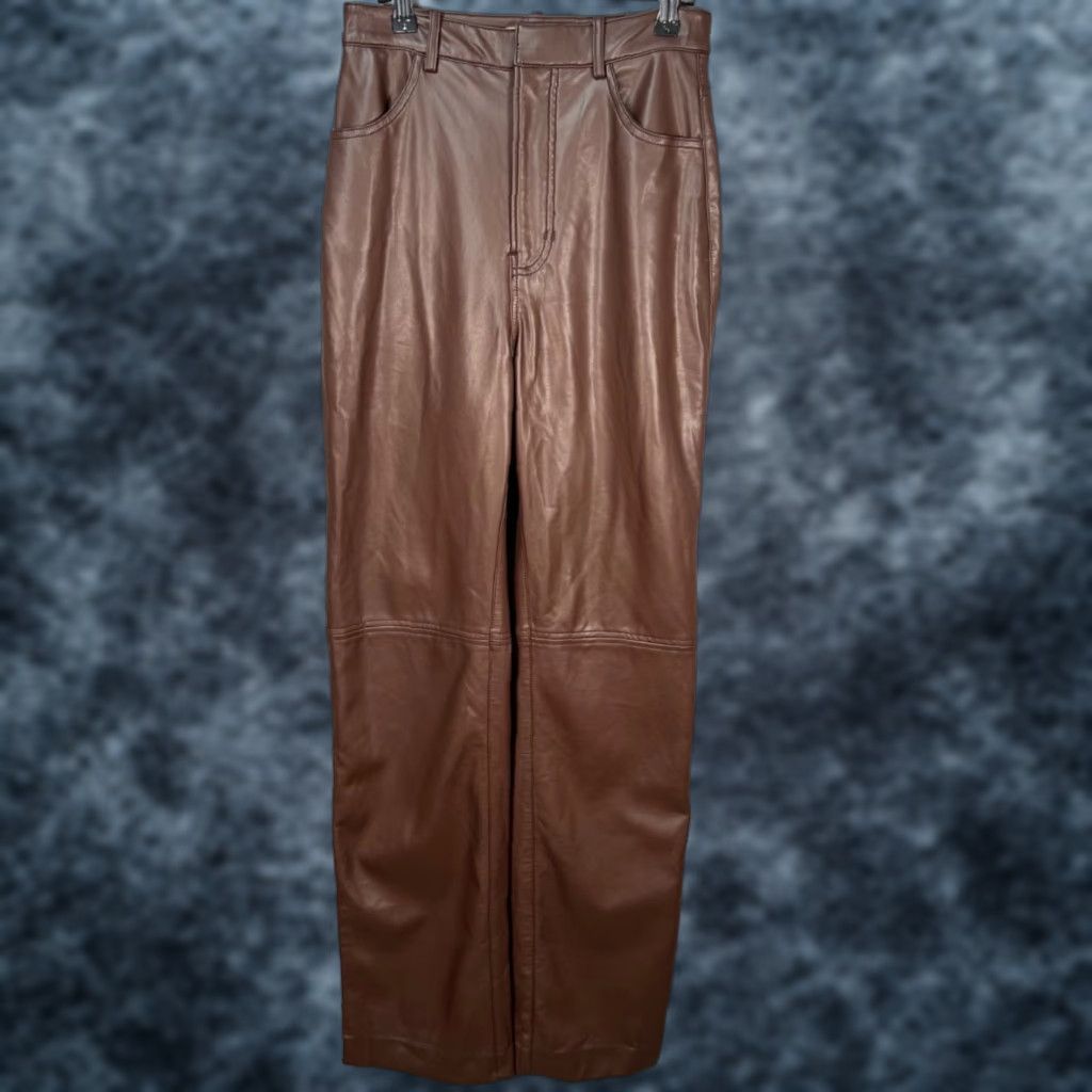 House of CB HOUSE OF CB Womens Small Faux Leather Brown Straight Leg Pants London Designer Pants Size 28" / US 6 / IT 42 - 1 Thumbnail