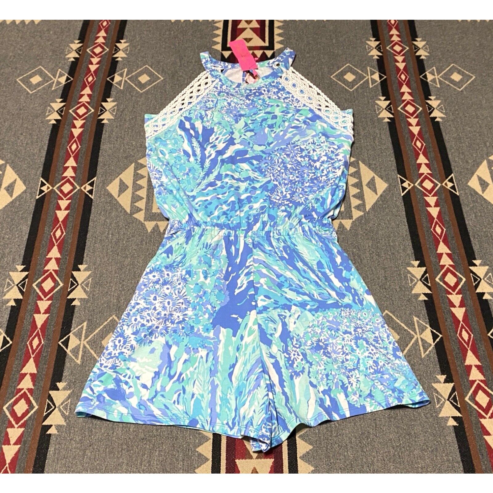 image of Lilly Pulitzer Lala Halter Romper Blue Haven Hey Hey Soleil Women's Xs NWT T65 in White (Size 26)