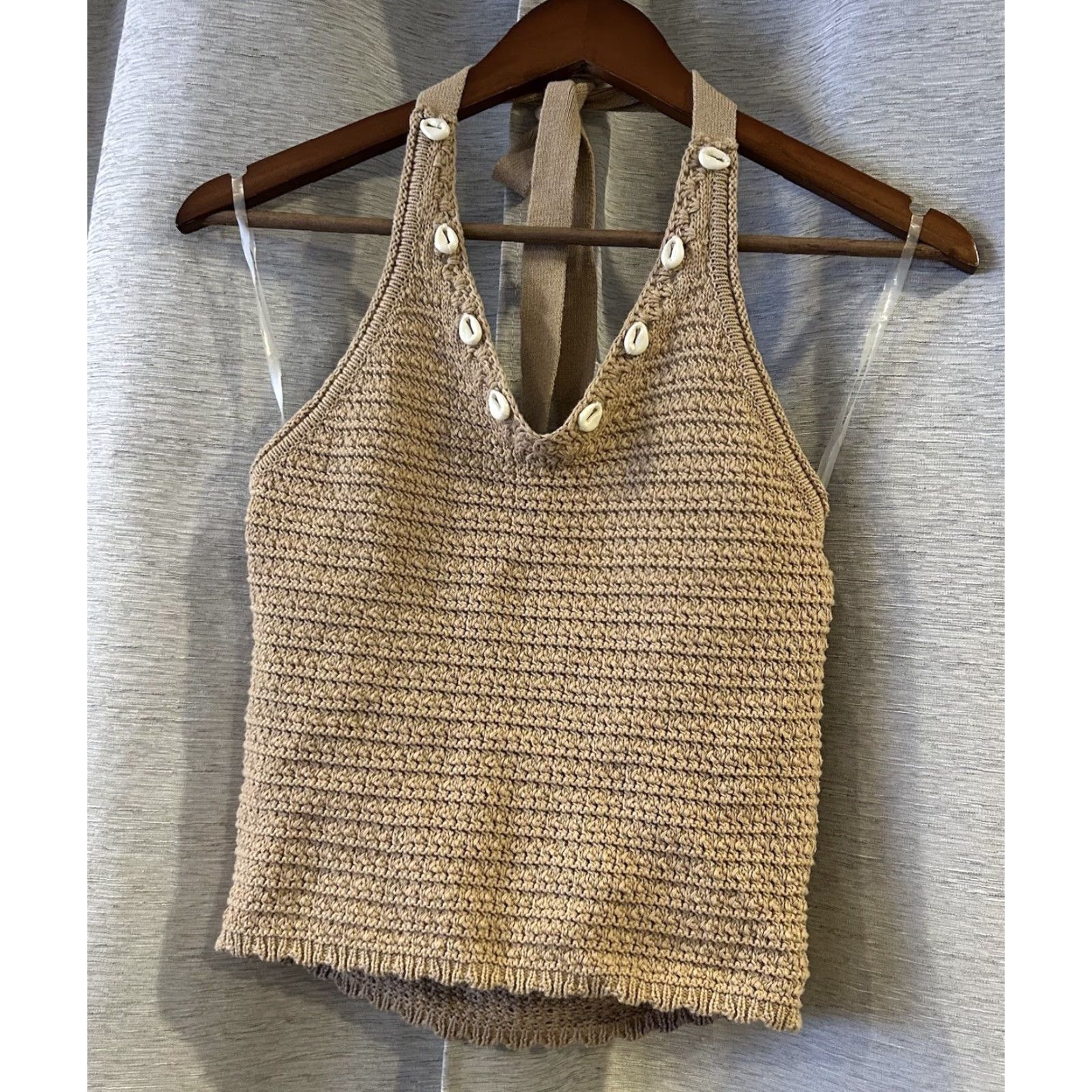 Vintage francesca's Tank Shirt Women Beach Knit V-Neck 100% Cotton Beige S Sleeveless Crochet Open Knit Size S / US 4 / IT 40 - 2 Thumbnail