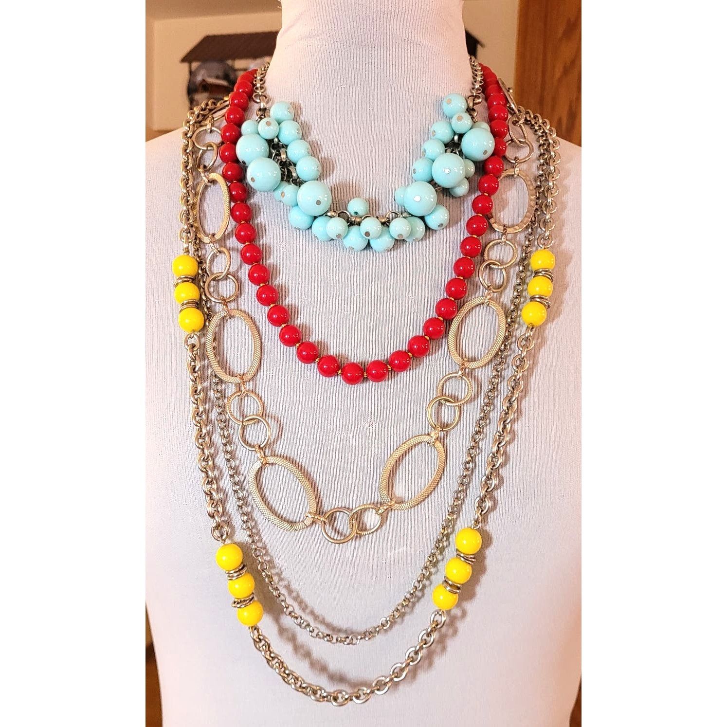 Jewelry Necklace Lot 4 Pc Colorful Blue Red Yellow Silvertone Beaded Size ONE SIZE - 9 Thumbnail