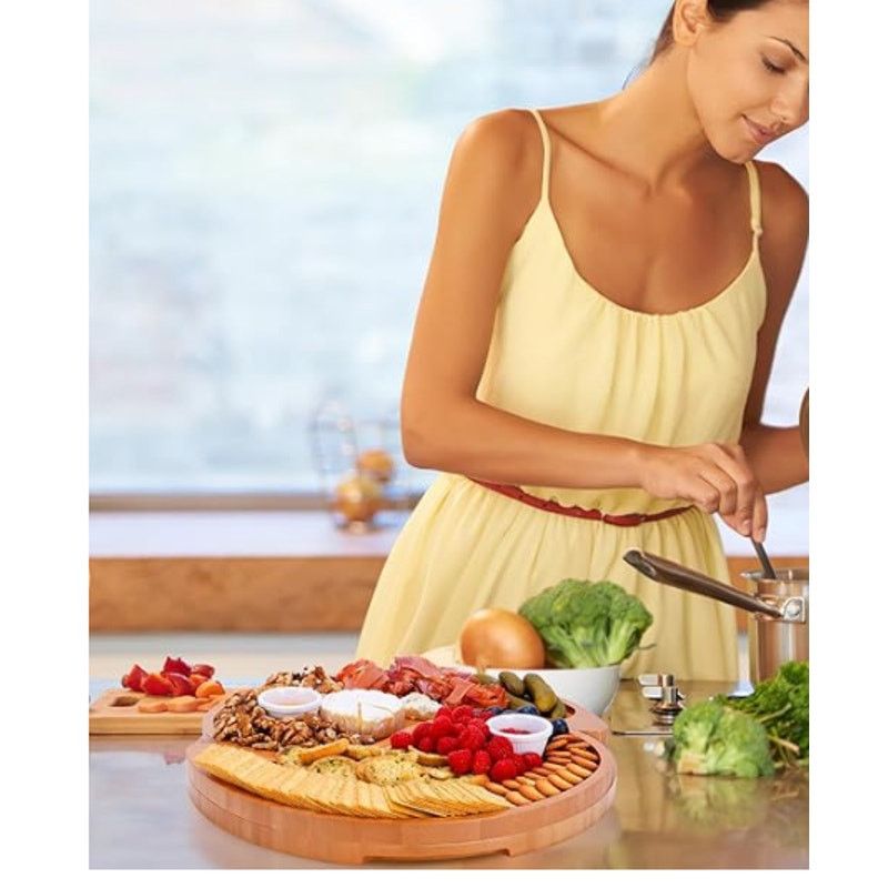 The Unbranded Brand Large Double-Layer Charcuterie Board Set w 4 Knives Bamboo Size ONE SIZE - 7 Thumbnail