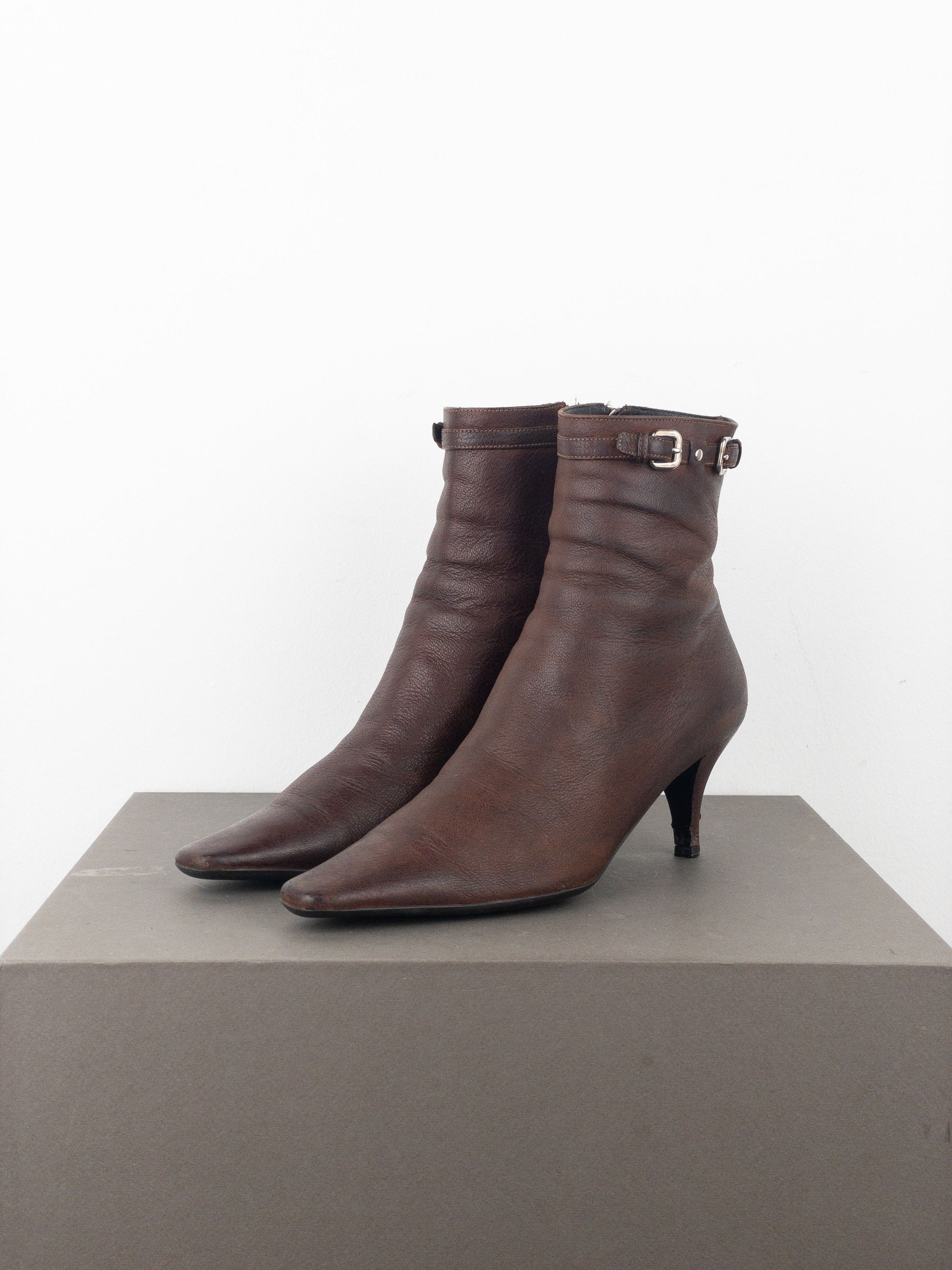 Prada 2000s Square Toe Buckle Kitten Heel Ankle Boots Size US 8 / IT 38 - 1 Thumbnail