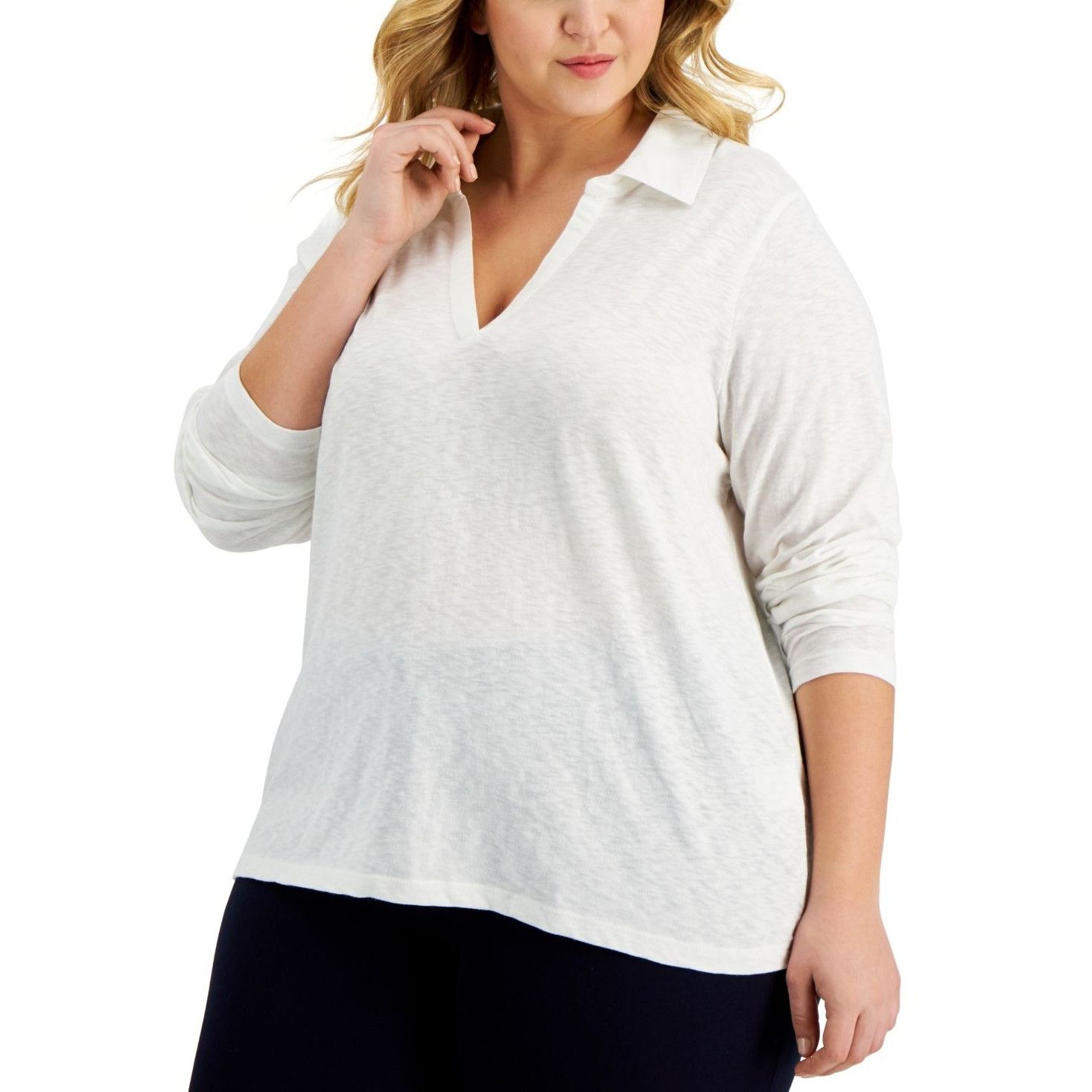 Other Karen Scott Size Cotton Open-Neck Polo Top, Bright White, 4 Size ONE SIZE - 1 Thumbnail