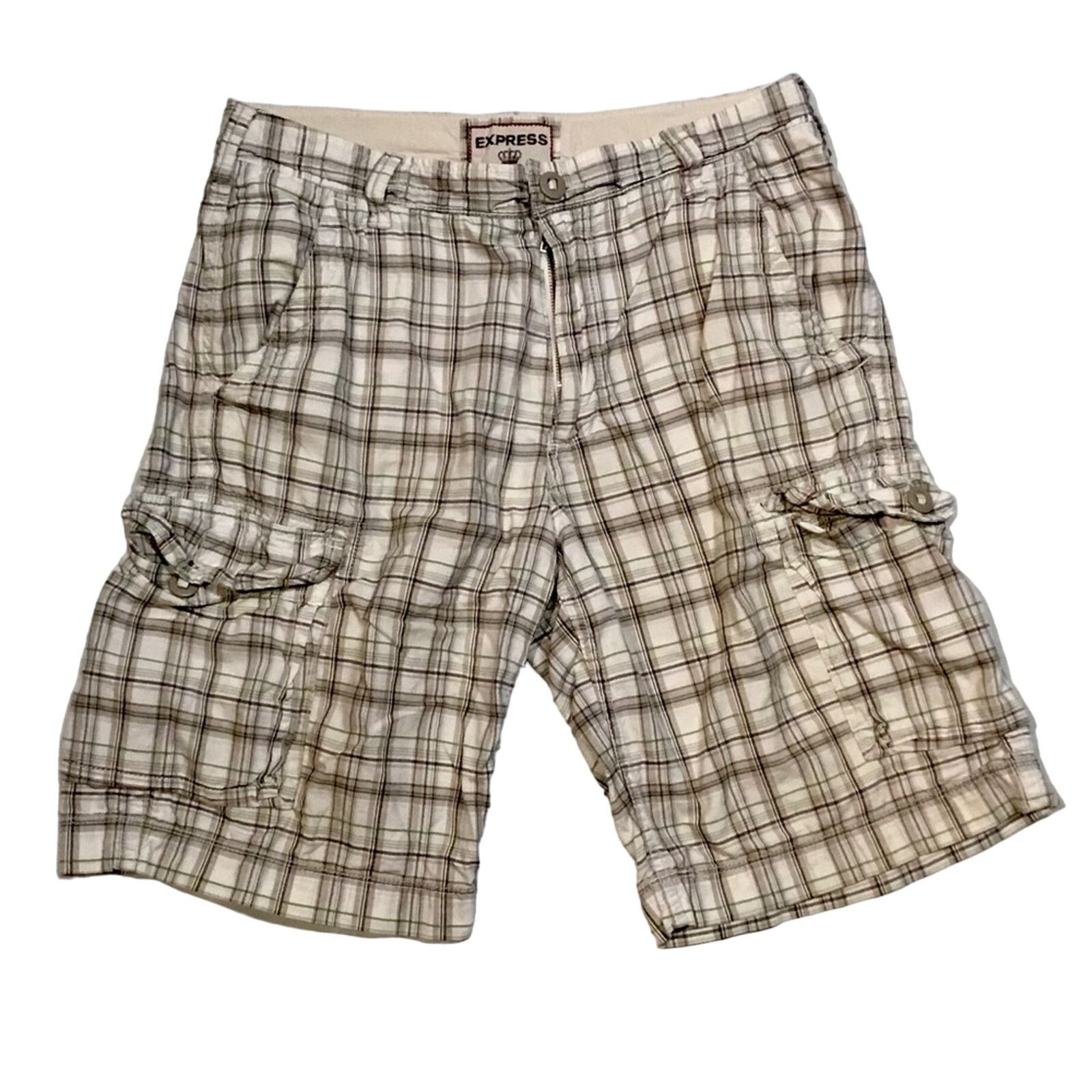 Express Express Men's White Plaid 100% Cotton Chino Cargo Shorts Size US 33 - 1 Thumbnail