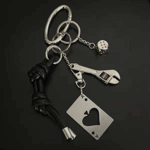 Jewelry Black Leather Knot Keychain with Metal Wrench & Dice Charms Size ONE SIZE - 2 Thumbnail