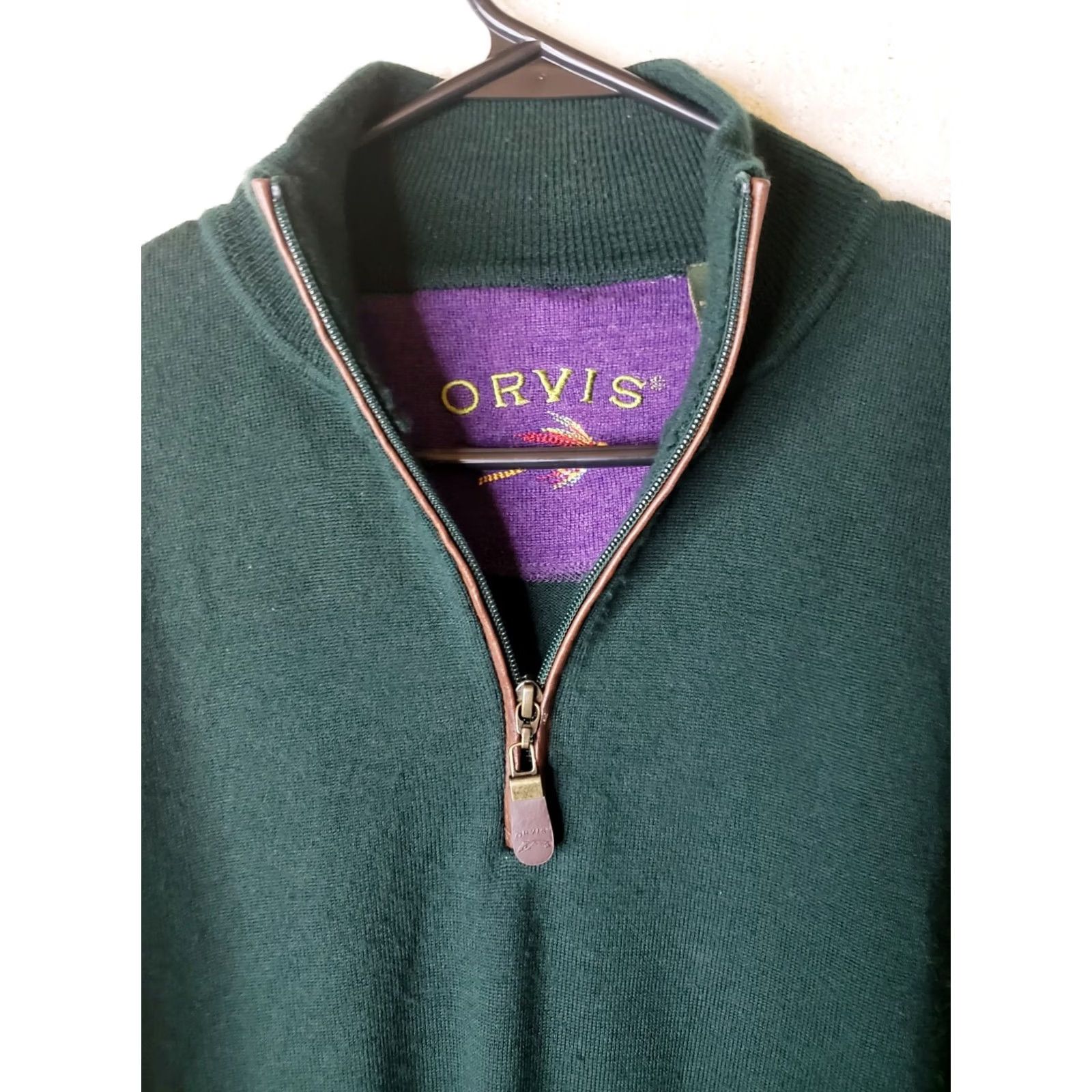 Orvis Orvis Men's L Wool Pullover Leather 1/4 Zip Mock Neck Sweater Dark Green Size US L / EU 52-54 / 3 - 4 Thumbnail