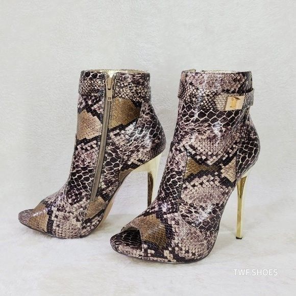Other Adamarys Brown Snake Print Open Toe Ankle Boots Gold Slim St Size US 10 / IT 40 - 5 Thumbnail