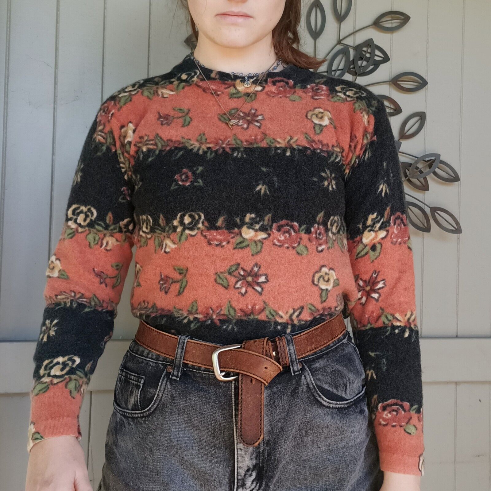 Other Vintage 80s 90s Sweater Orange Floral Striped Lambswool Size M / US 6-8 / IT 42-44 - 2 Thumbnail