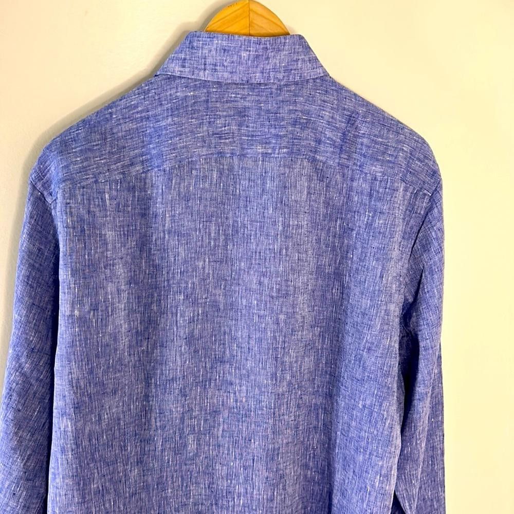 Hugo Boss Slim fit Linen -BOSS Tailored -sz 15.5- Blue w/white Heather Size 38R - 6 Thumbnail