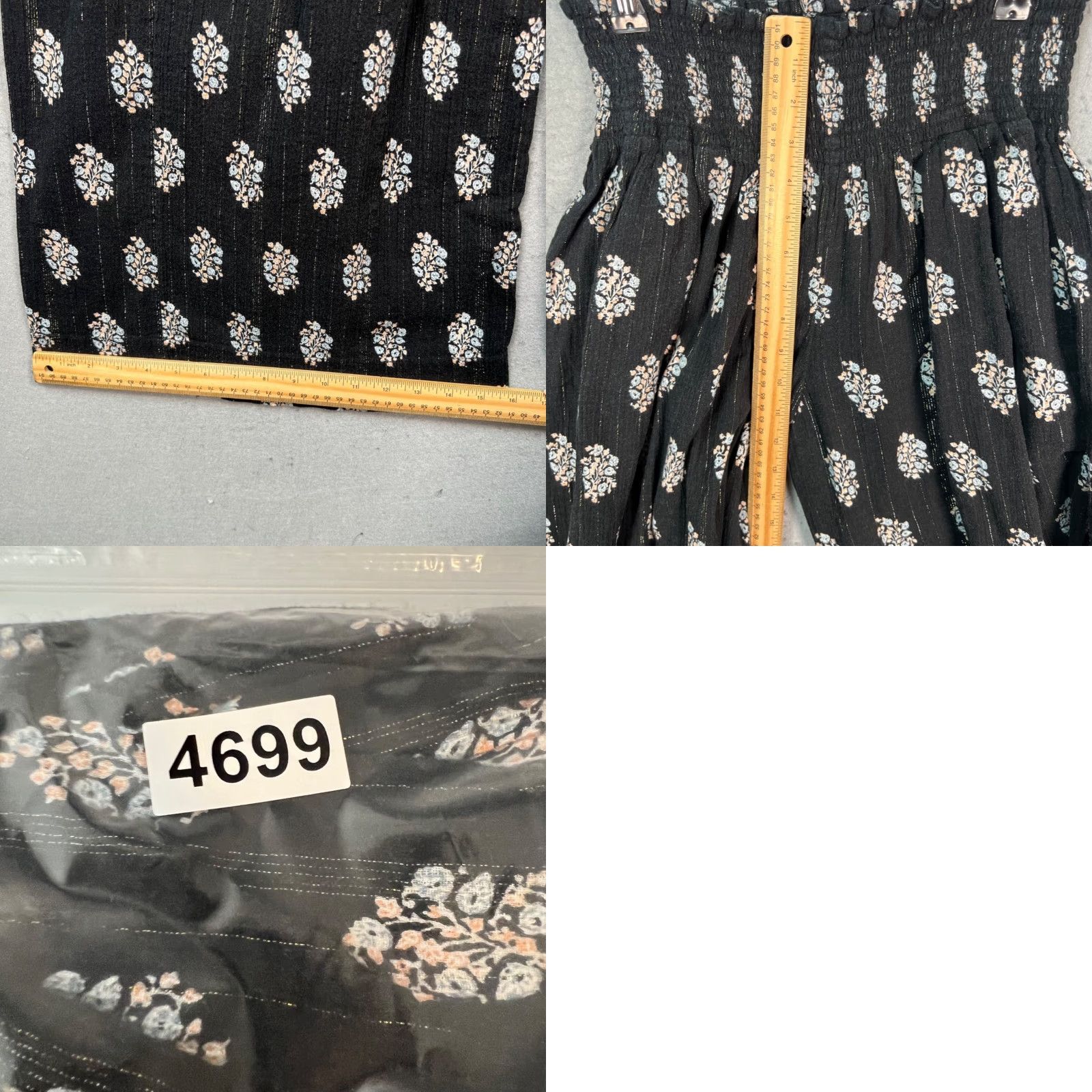 Rebecca Taylor Rebecca Taylor La Vie Womens Small Black Floral Smocked Waist Wide-Leg Pants 100% Cotton Size 28" / US 6 / IT 42 - 8 Thumbnail