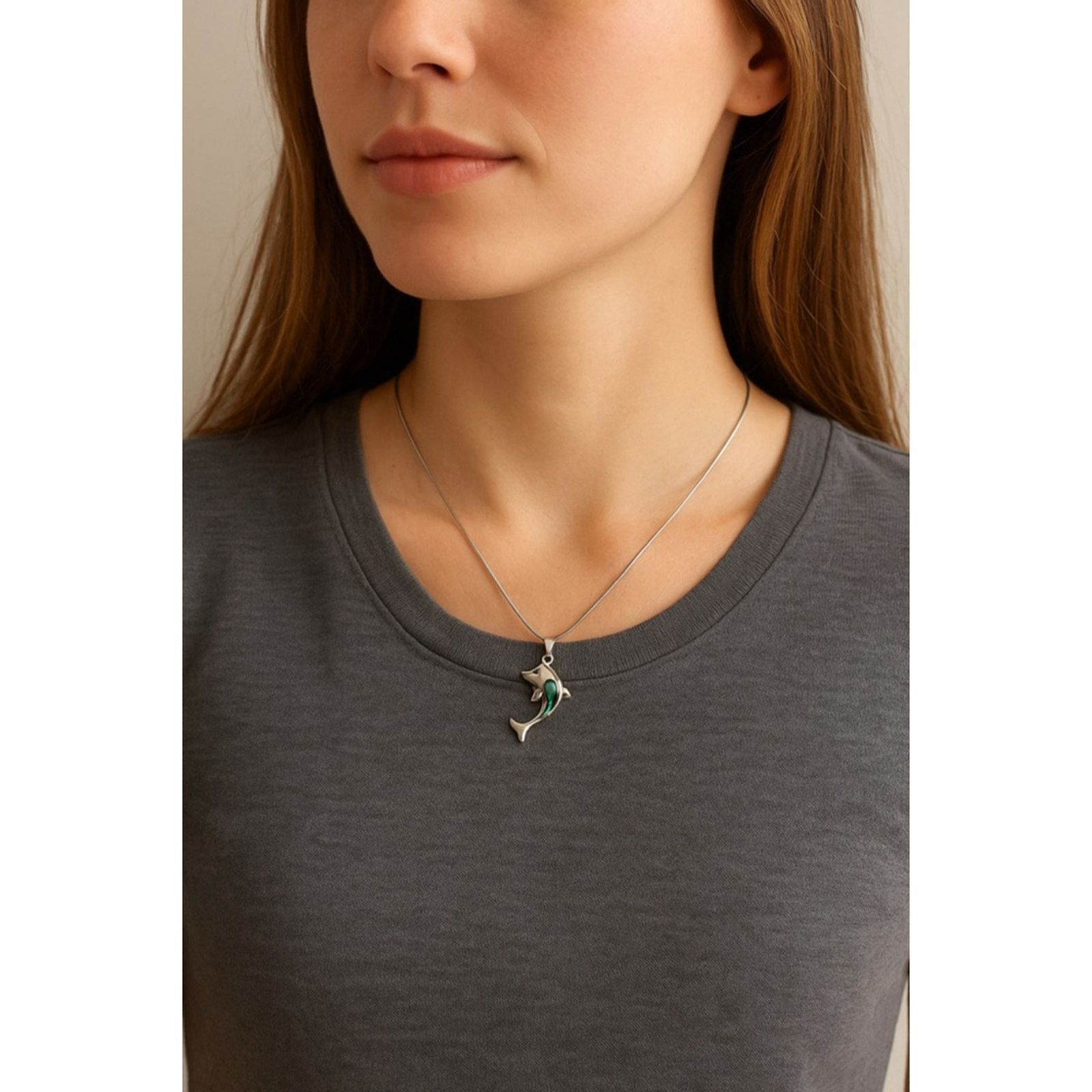 Other Silver Tone Dolphin Necklace Ocean Abalone Pendant Chain Size ONE SIZE - 1 Thumbnail