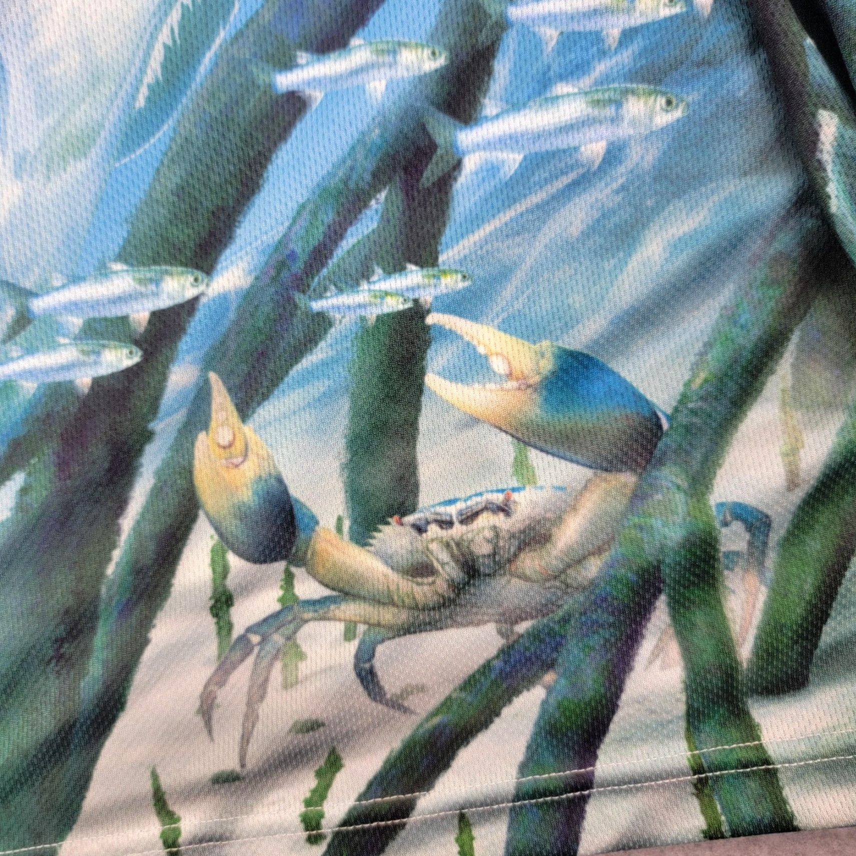 Vintage BIGFISH Polo Shirt Mens L Blue Salty Barra Graphic Print Long Sleeve Fishing Microfiber 100% Polyester UV Moisture Wicking Sail NZ? Size US L / EU 52-54 / 3 - 6 Thumbnail
