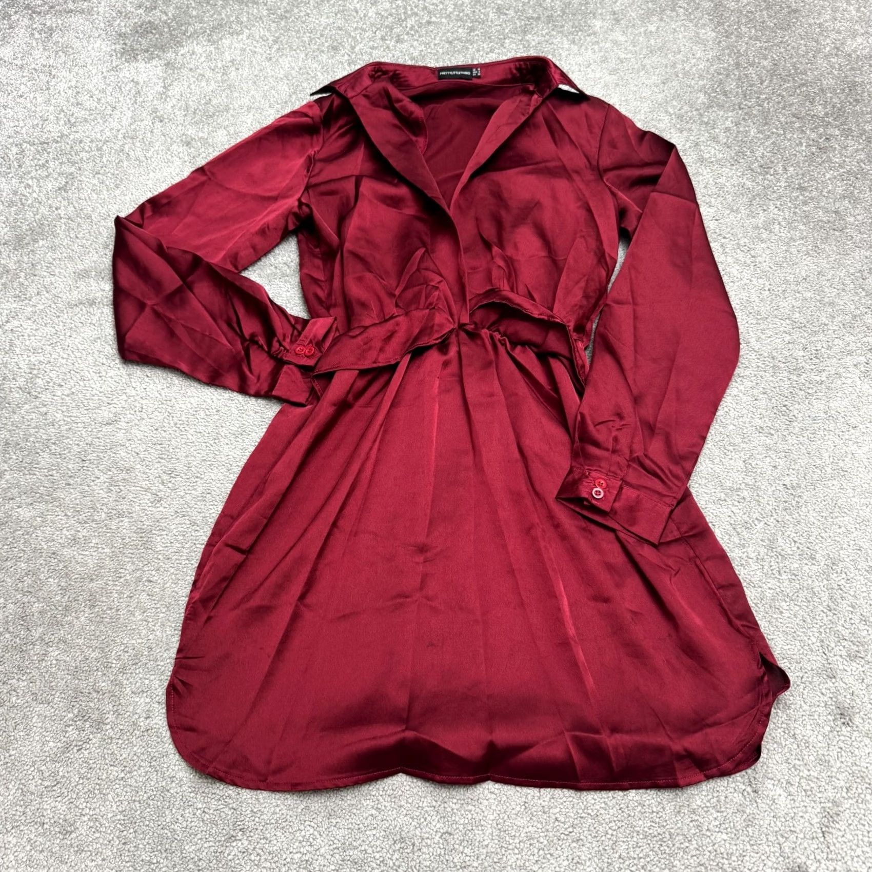 PrettyLittleThing PRETTYLITTLETHING Satin Wrapped Shirt Dress Womens 6 Burgundy Red Long Sleeve Shirt Dress Womens 6 Burgundy Red Long Sleeve Size M / US 6-8 / IT 42-44 - 2 Thumbnail