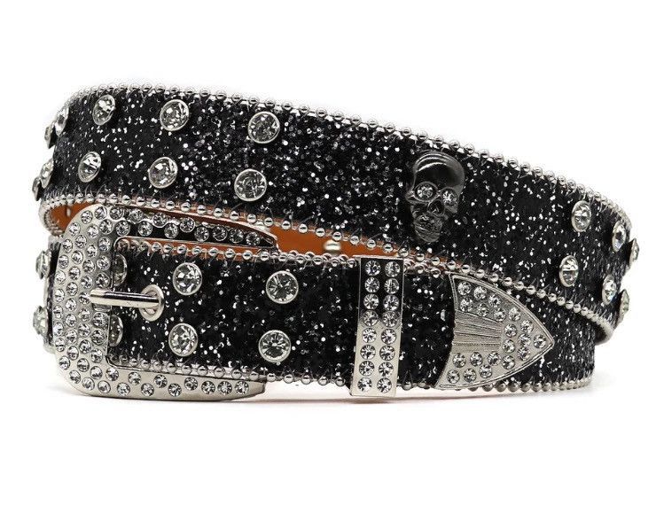 Leather Diamond Bling Strap Skull Black PU Leather Belt Size ONE SIZE - 1 Thumbnail