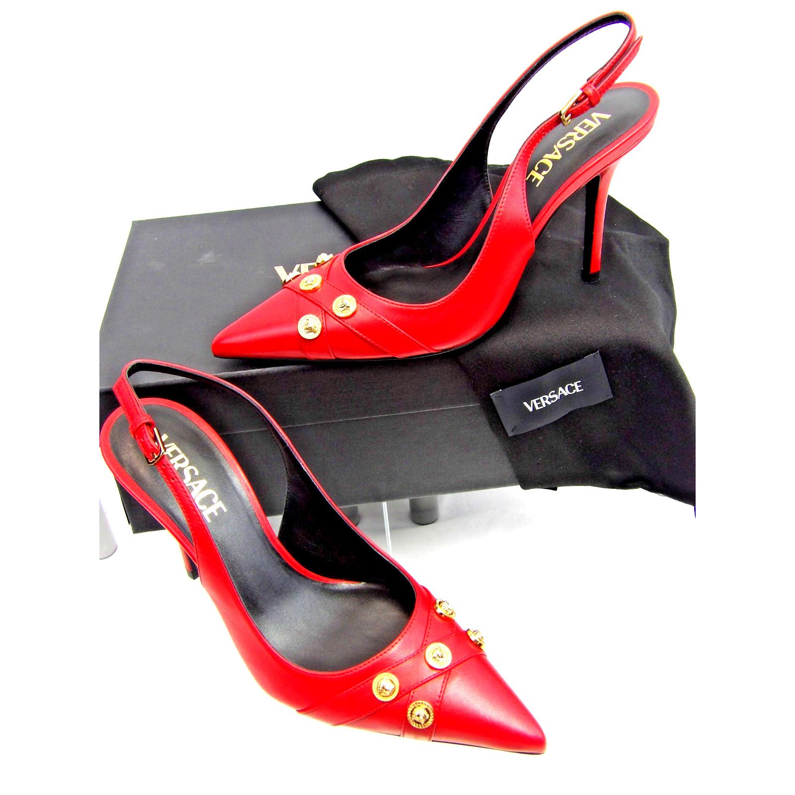 Versace VERSACE RED LEATHER GOLD MEDUSA LOGO STUDS SANDALS PUMPS 37 Size US 7 / IT 37 - 5 Thumbnail