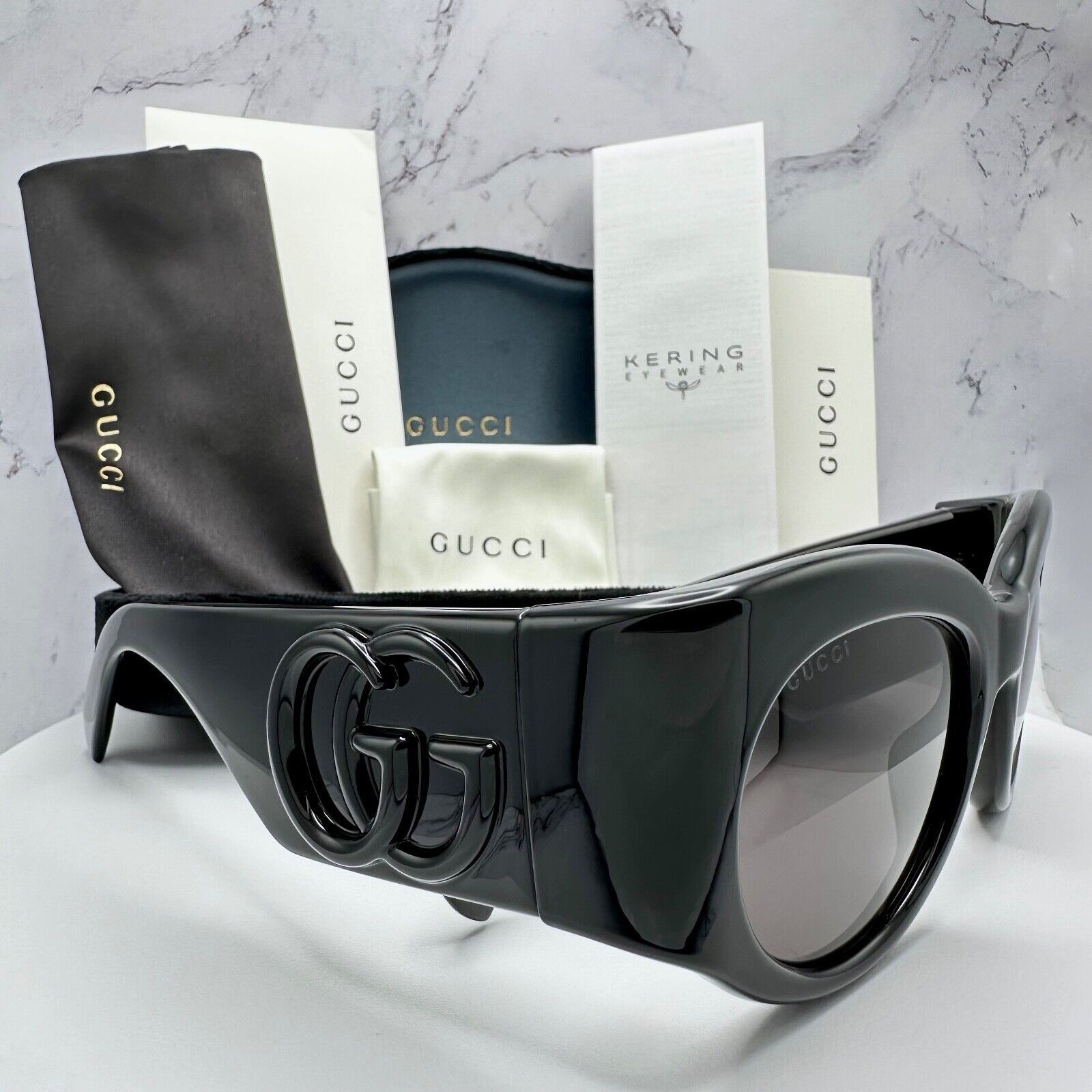 New GUCCI Sunglasses Black 3D GG Logo Wrap Triple Black