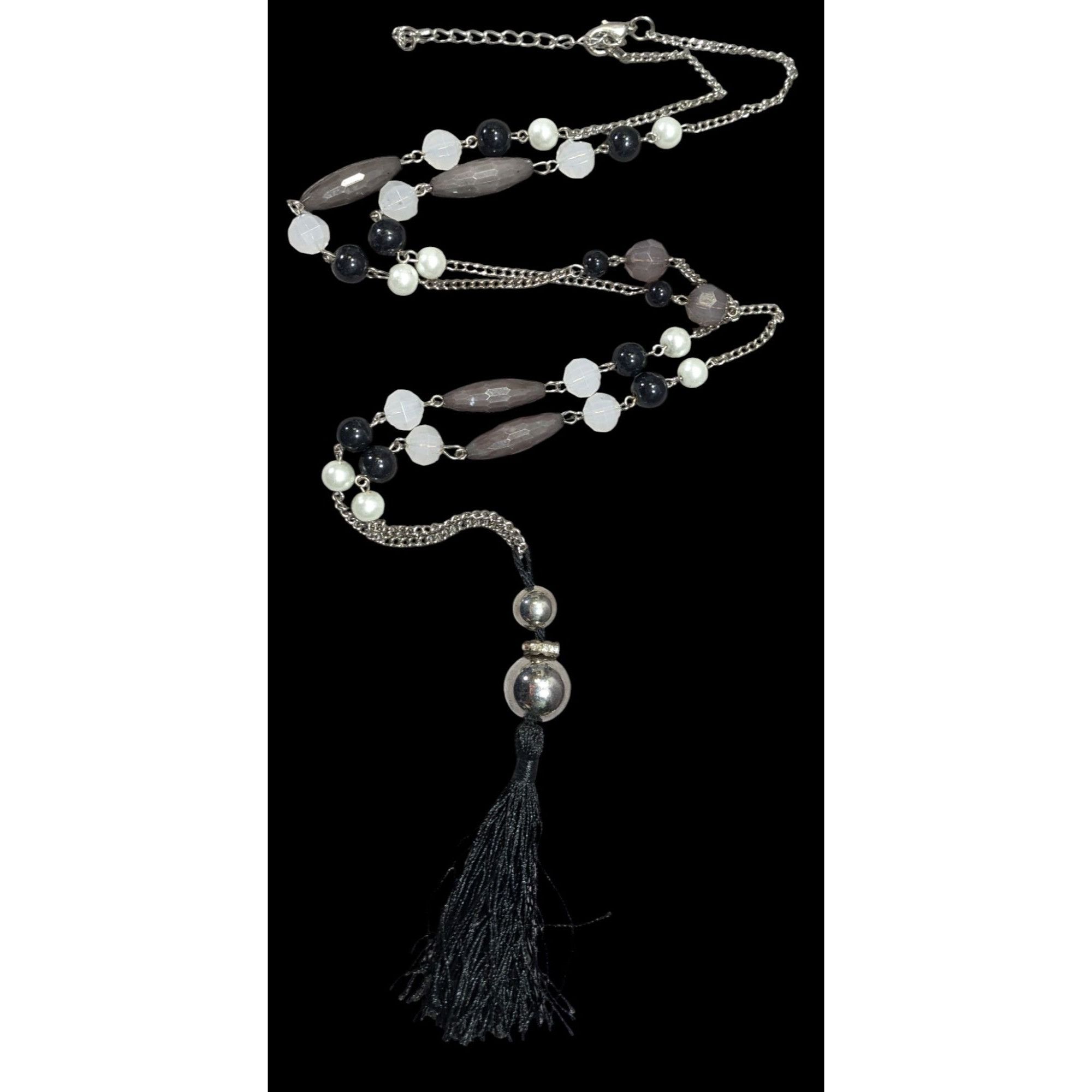 Other Black And Grey Beaded Tassel Necklace With Faux Pearl Accent Size ONE SIZE - 1 Thumbnail