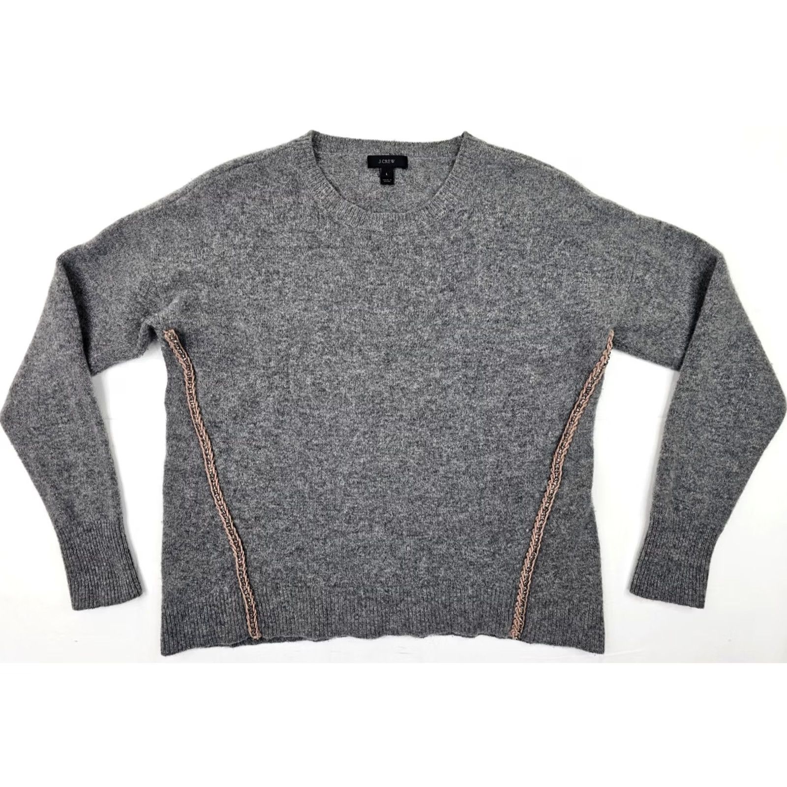 J.Crew J. Crew 100% Wool Pullover Crew Neck Sweater Women L Gray Pink Braid Rhinestone Shirt Adult L Gray Wool Crew Neck Rhinestone Size L / US 10 / IT 46 - 2 Thumbnail