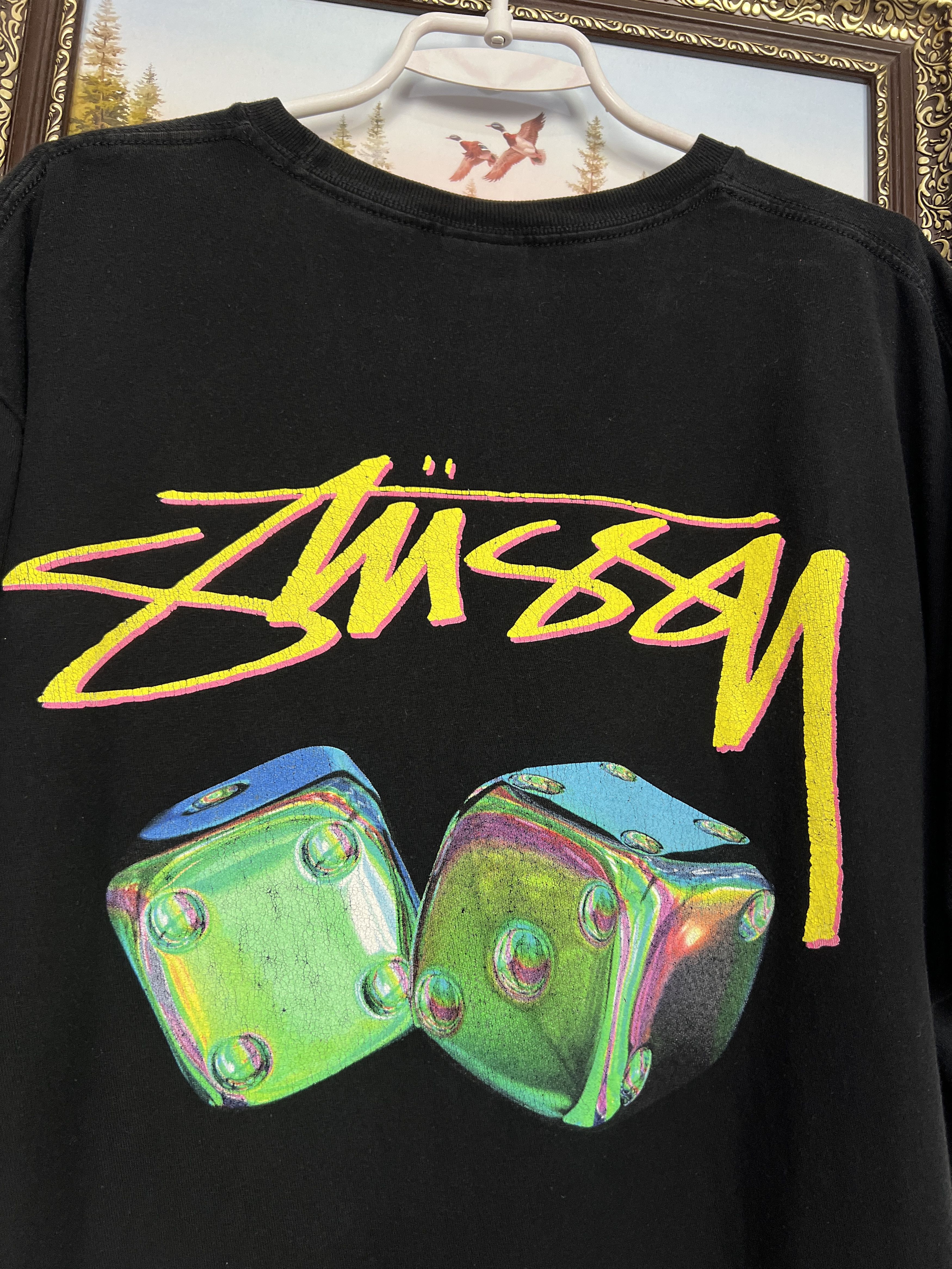 Vintage Vintage Stussy Iridescent Dice Tee Over Print Big Logo Shirt Size US XL / EU 56 / 4 - 9 Thumbnail