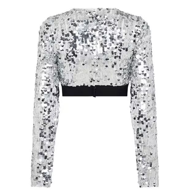 Dolce & Gabbana o1g2r1mq1024 Sequin Tape Long Sleeve Top in Silver Size XS / US 0-2 / IT 36-38 - 2 Thumbnail