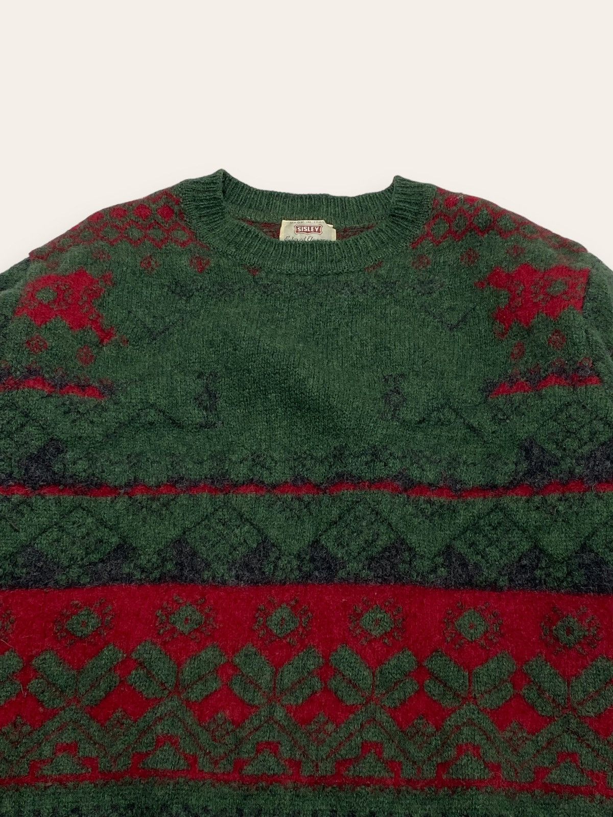 Sisley 90s Vintage SISLEY Wool Green Red Crazy Super Warm Sweater Size US L / EU 52-54 / 3 - 2 Thumbnail