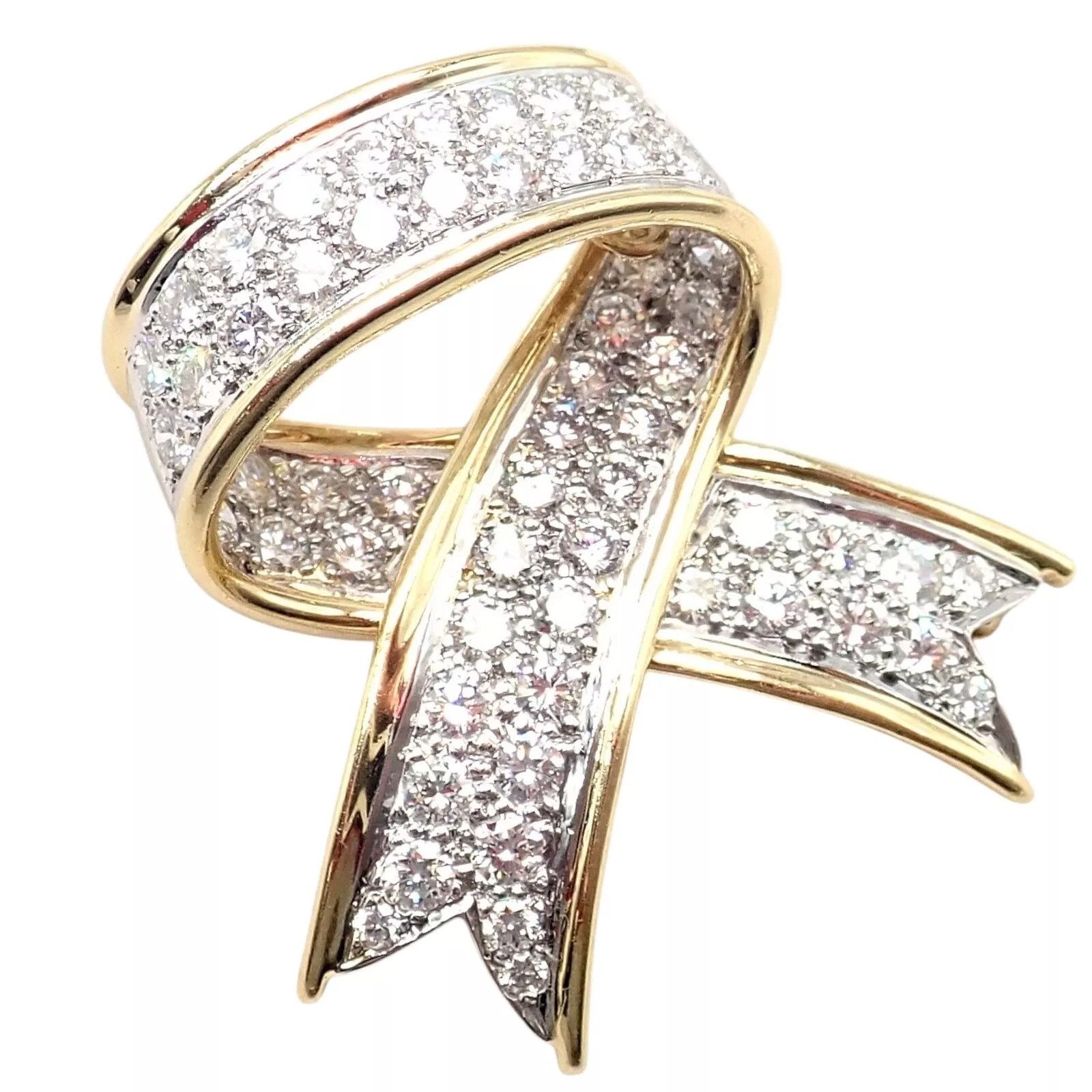 Tiffany & Co 18k Yellow Gold Platinum Diamond Bow Pin Brooch