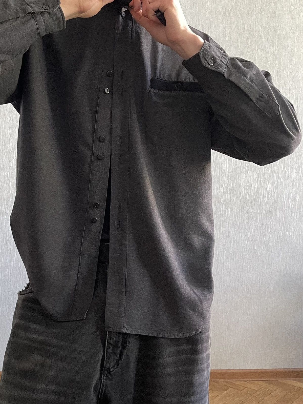 Vintage Mandarin Collar Shirt: Dark Gray Viscose, Italy Size US L / EU 52-54 / 3 - 3 Thumbnail