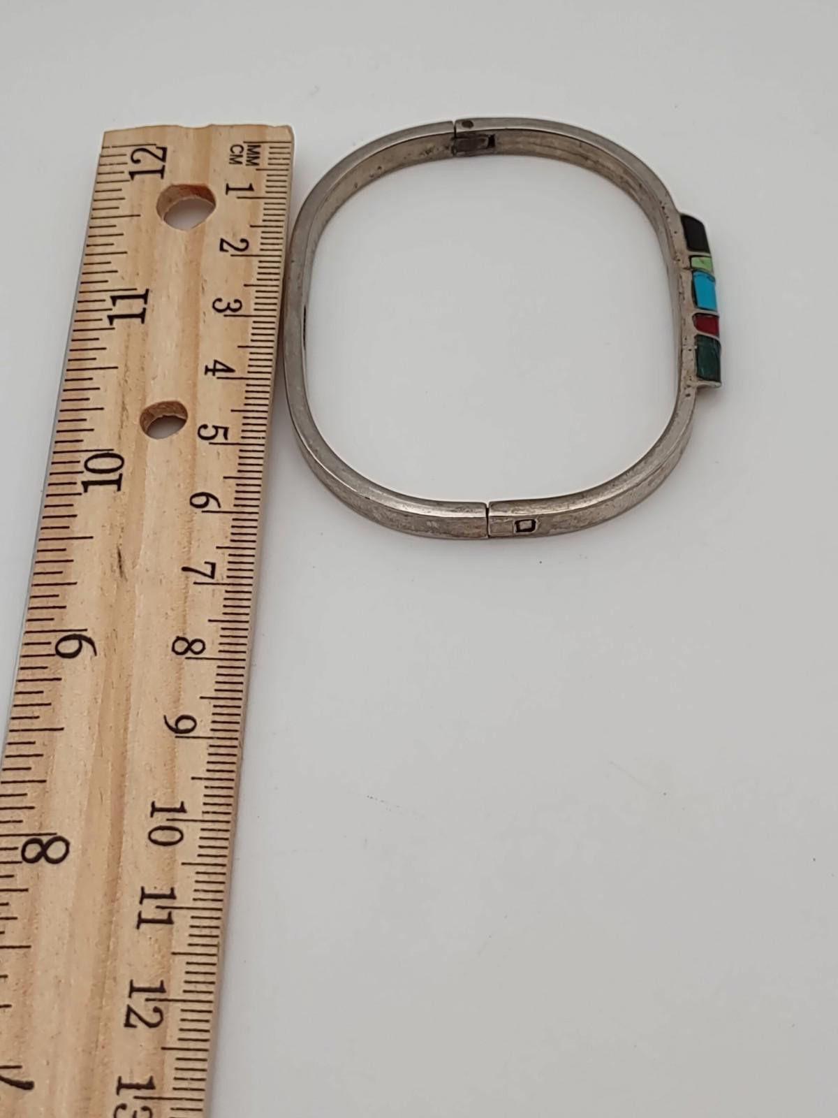 The Unbranded Brand Mexican Sterling Silver Multi Stone Inlay Hinged Bracelet Size ONE SIZE - 6 Thumbnail