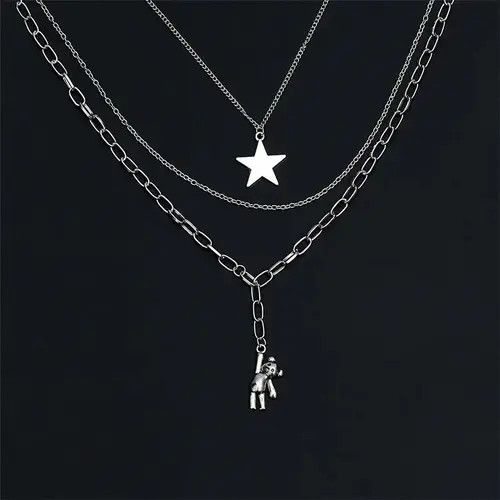 VIBE Unisex Steel Bear Star Multilayer Necklace Size ONE SIZE - 3 Thumbnail