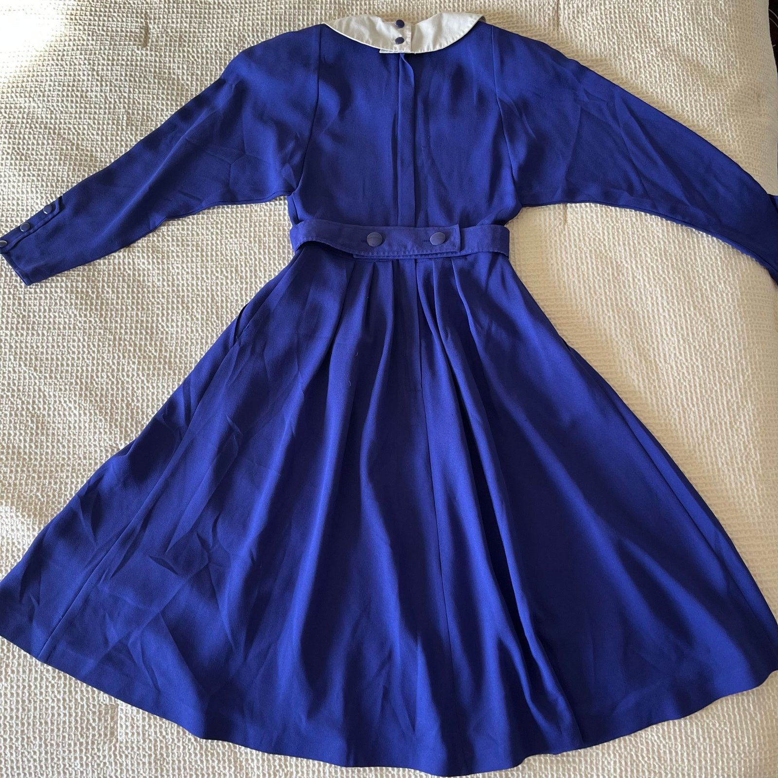 Albert Nipon 80s Designer Albert Nipon Blue Midi Dress w/ White Collar Size S / US 4 / IT 40 - 4 Thumbnail