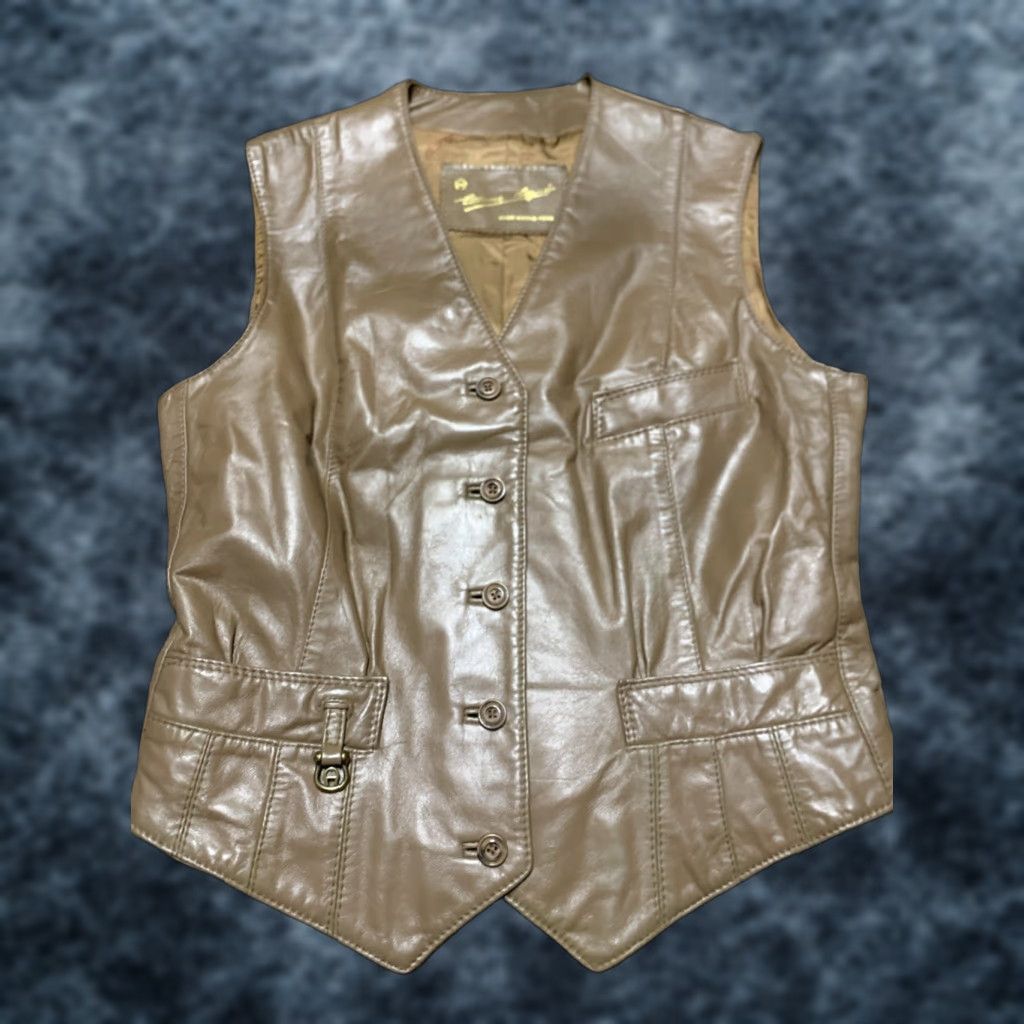 VINTAGE Etienne Aigner Vest Leather Brown Size 8 Womens Clubwear 70s 80s Hong Kong Disco City Wear Shaft