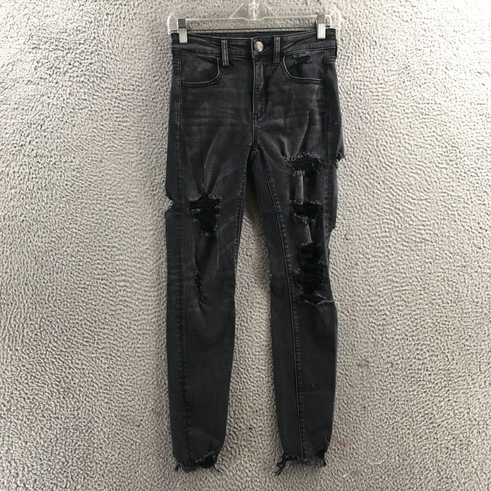American Eagle Outfitters American Eagle Jeans Jegging Womens 2R Black Denim Distressed actual 27x25.5 Size 26" / US 2 / IT 38 - 2 Thumbnail