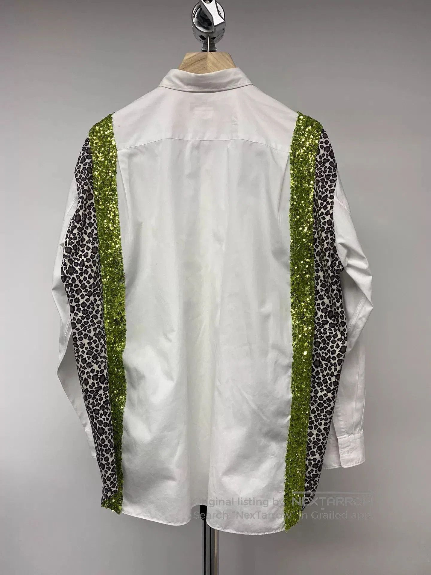 Comme des Garcons White Button-Up Shirt with Green Sequin & Leopard Accents. Size US S / EU 44-46 / 1 - 4 Thumbnail