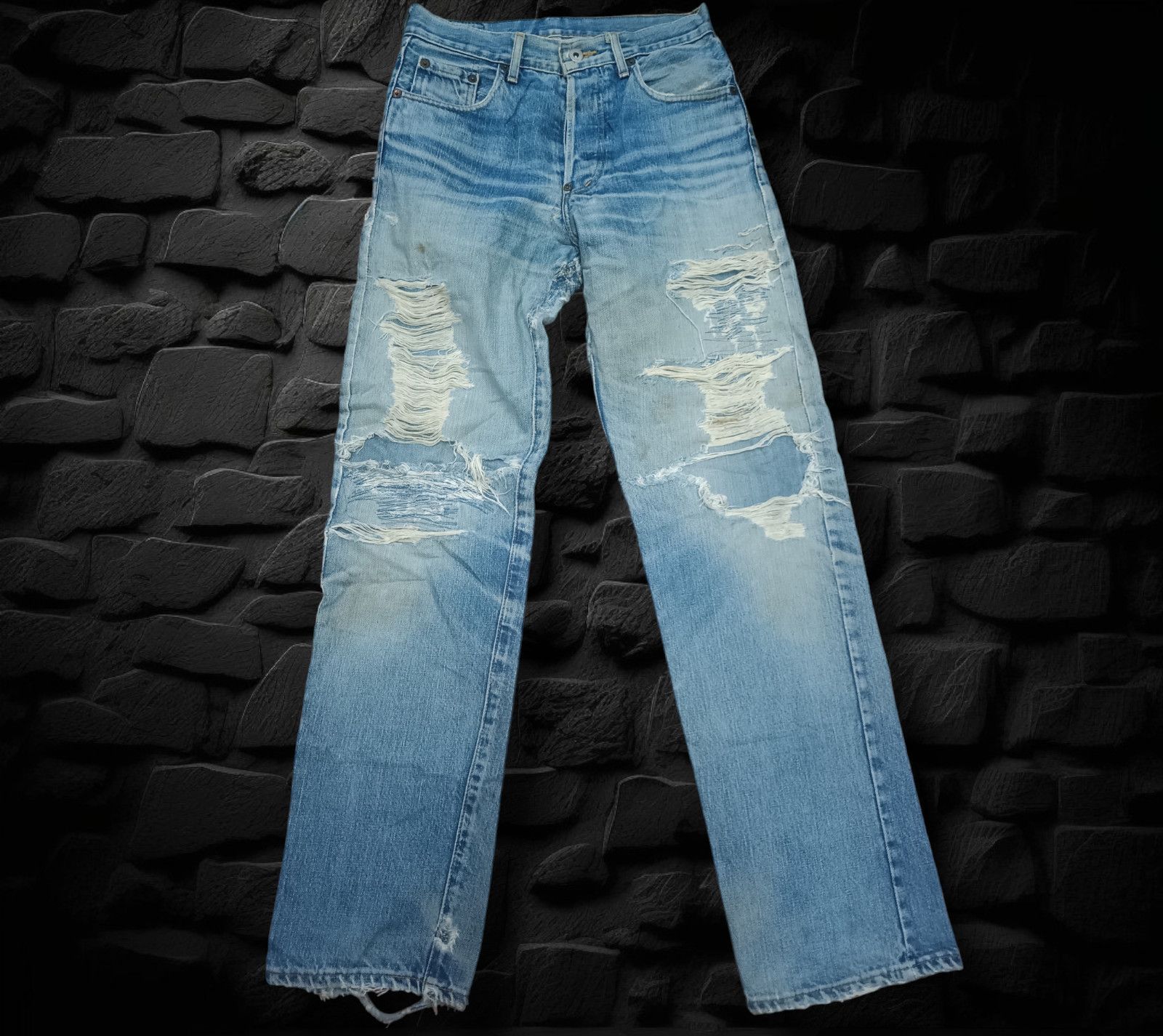 image of Distressed Denim x Levis Be 701Xx 80's Backle Back Selvedge Distressed in Check, Men's (Size 28)